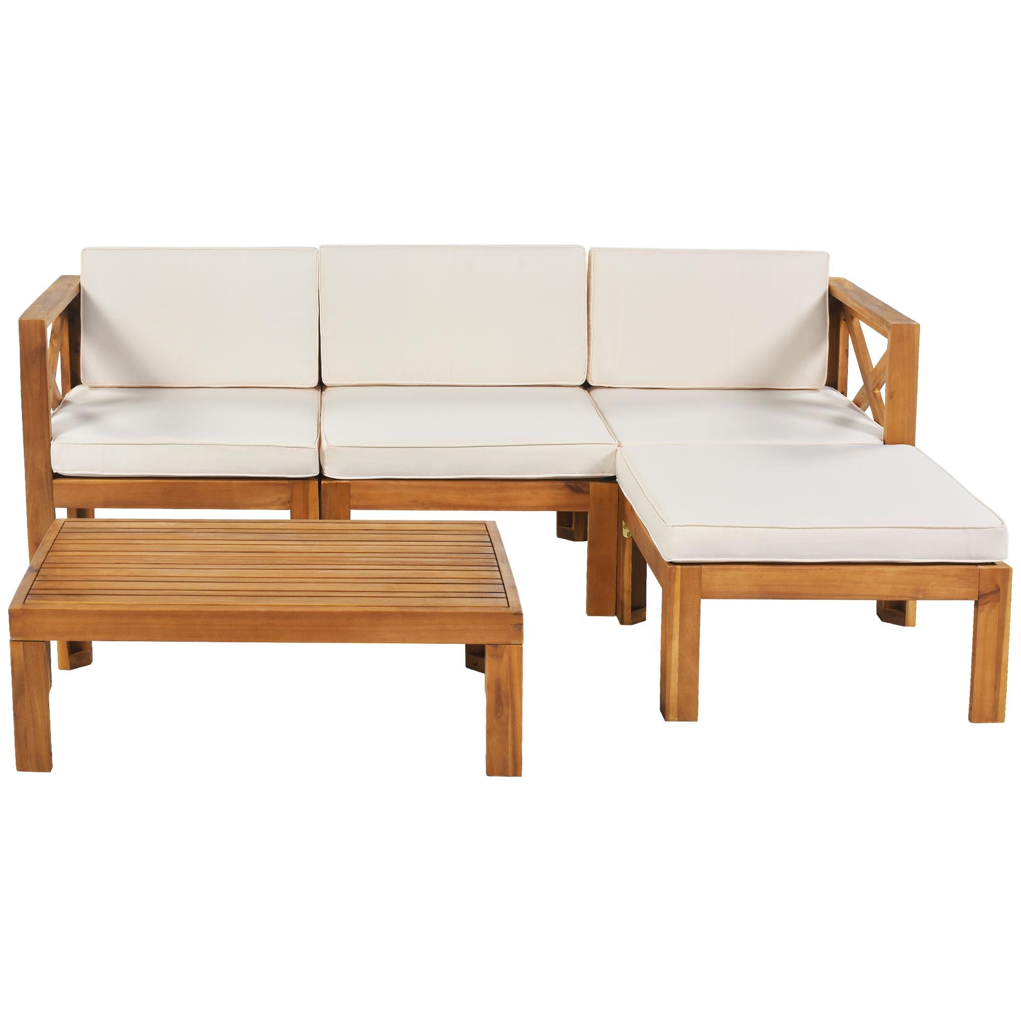 Casual Outdoor Sectional Sofa with Wood Frame & Cushions, Patio Seating Group for Backyard, 25.5" L x 25.5" W x 25.5" H, Beige
