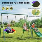 Metal Swing Set with Slide, Saucer Swing Seat, Heavy Duty A-Frame Stand and Adjustable Rope for Backyard, Dark Green