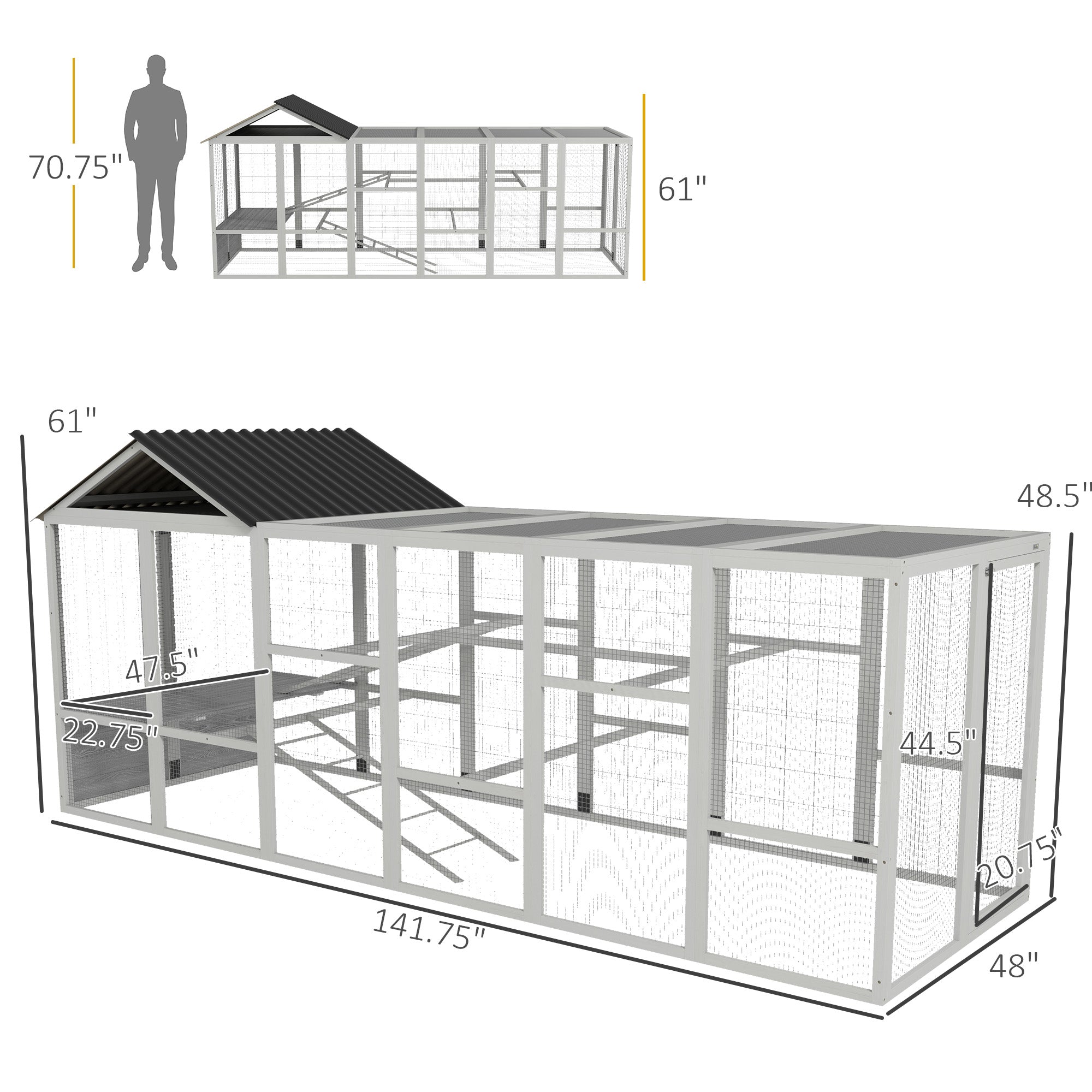 Wooden Chicken Coop Run for 6 - 10 Chickens, Hen House Add-On with Storage, Perches, 141.75" x 48" x 61", Gray