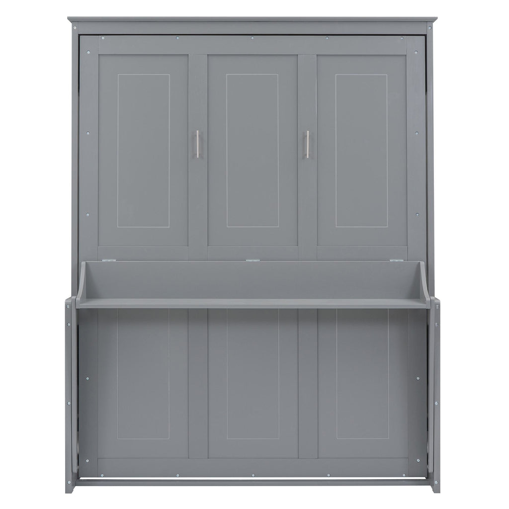 Space-Saving Design Queen Size Murphy Bed with Shelf, Solid Wood and MDF, 86" L x 69.5" W x 87" H, Gray
