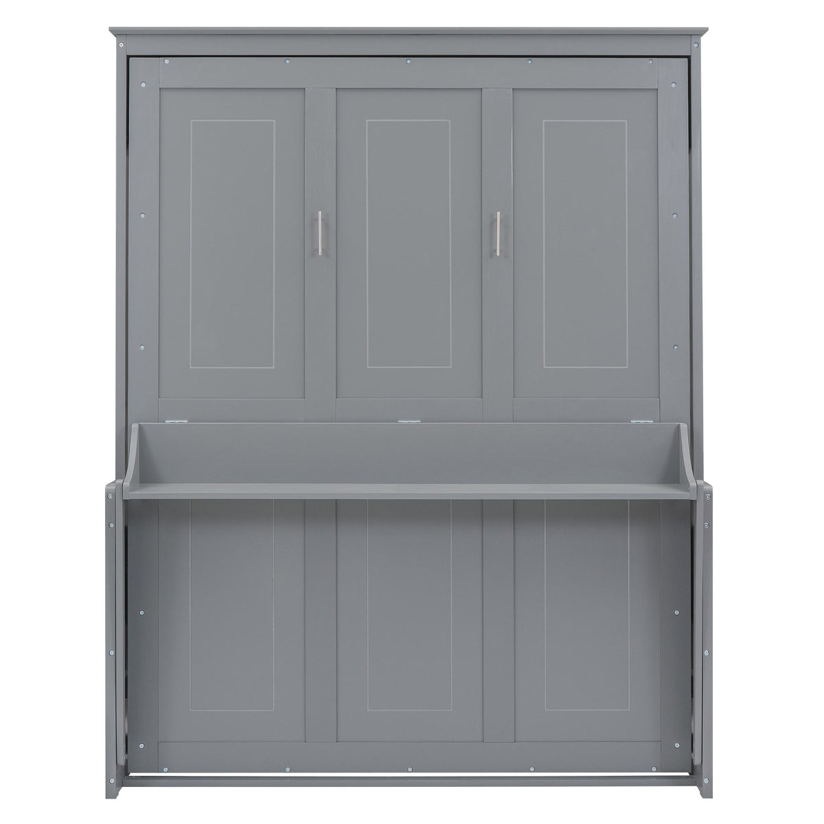 Space-Saving Design Queen Size Murphy Bed with Shelf, Solid Wood and MDF, 86" L x 69.5" W x 87" H, Gray