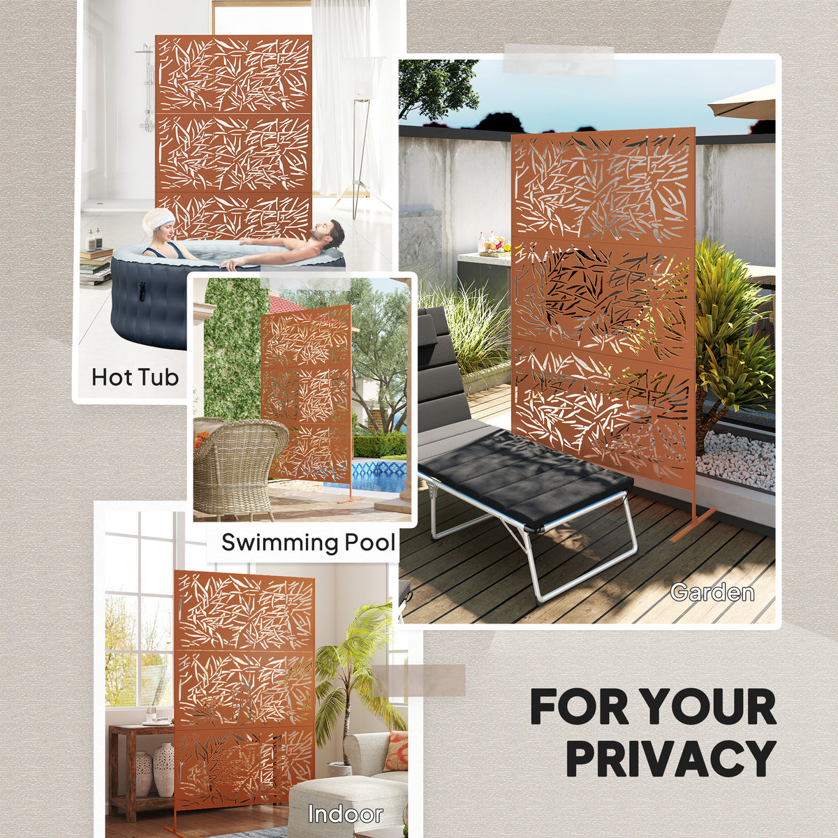 Decorative Privacy Fence Screen, Metal Outdoor Privacy Screen Climbing Plant Trellis with Stand, Bamboo Brown