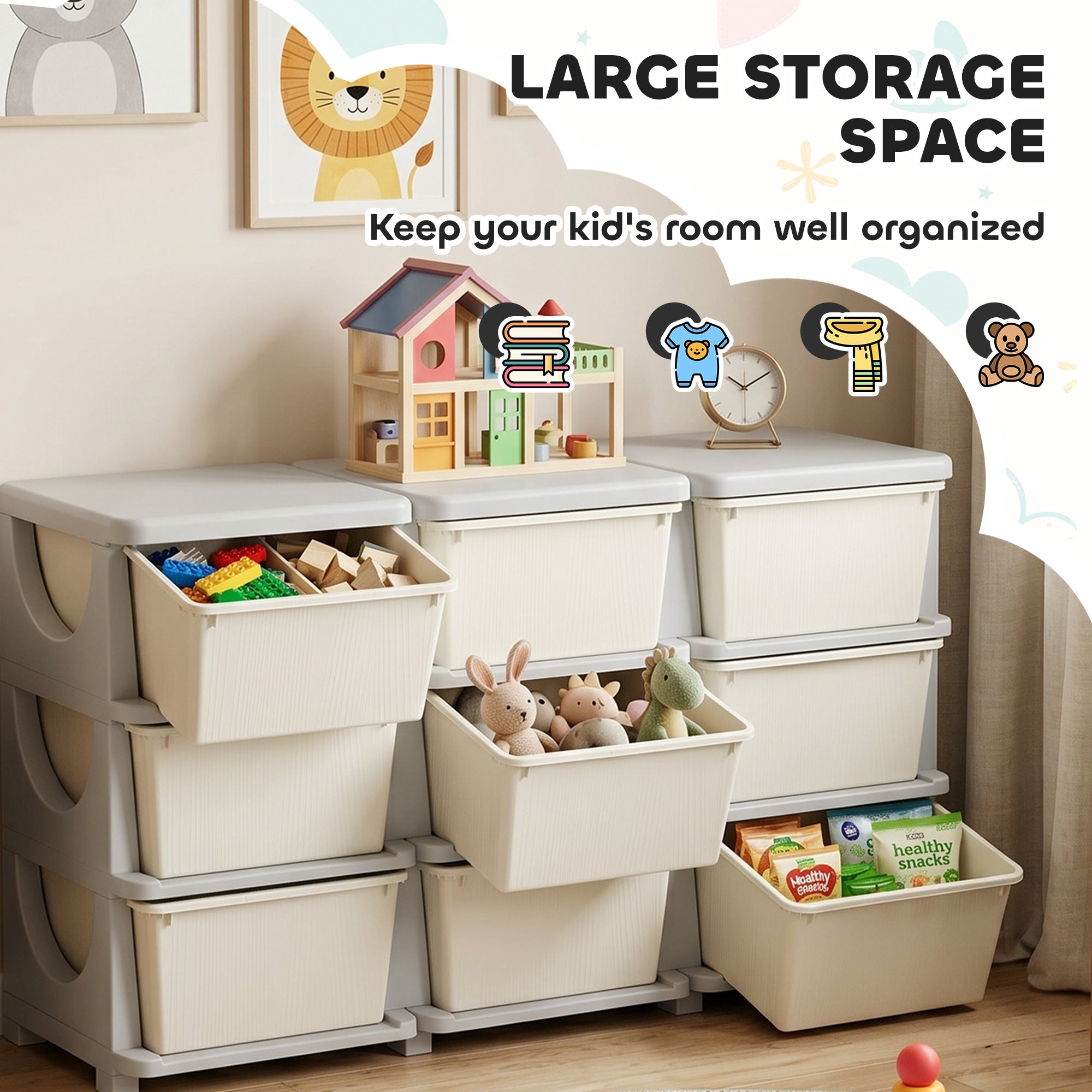 29.5" 3 Tier Kids Storage Unit Dresser Tower w/ 9 Drawers, Cream White