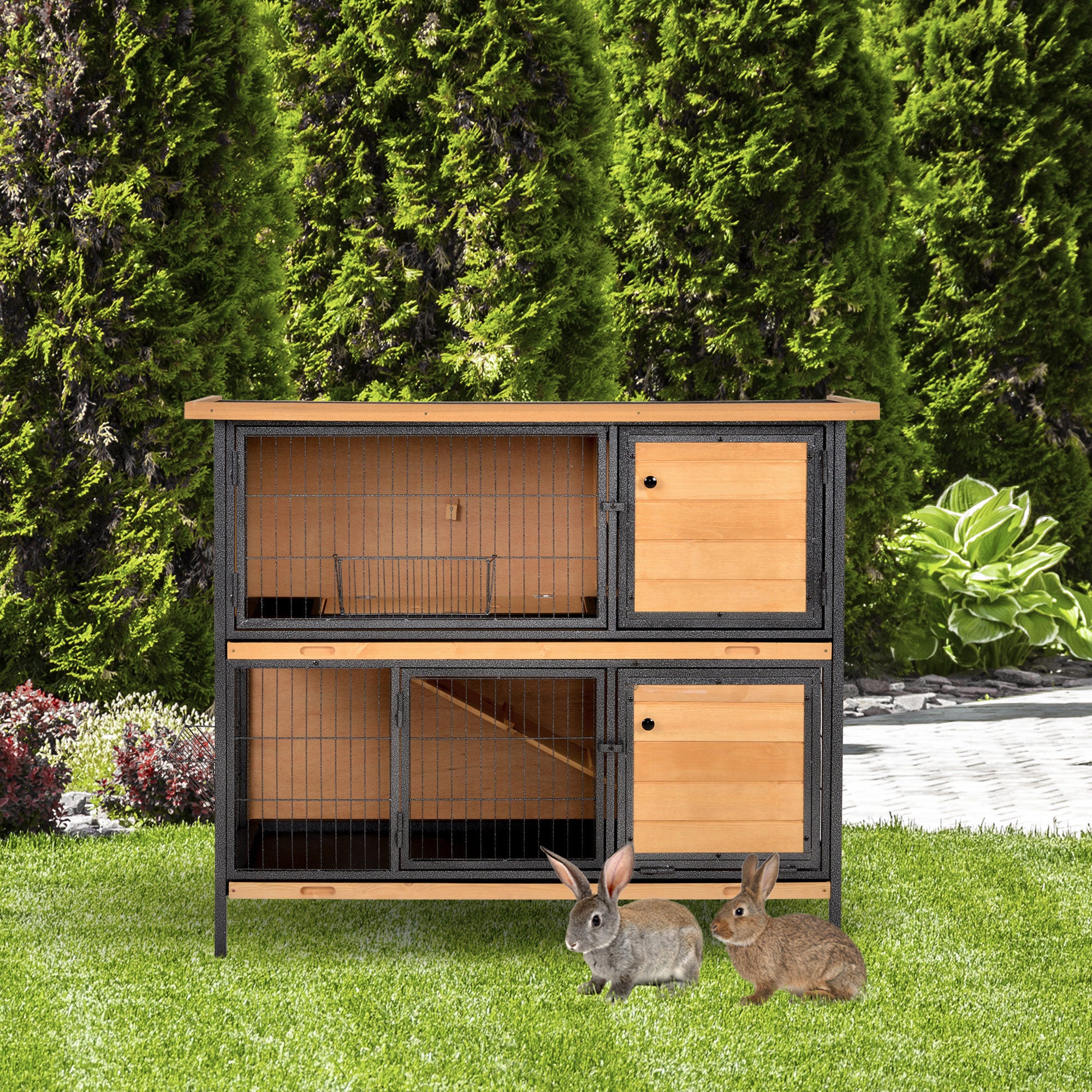 48" 2-Story Large Rabbit Hutch Bunny Cage Wooden Pet House Metal Frame with Rooms, Ramp, No Leak Tray, Feeding Trough, Waterproof Asphalt Roof for Rabbits, Chickens, Ducks, Outdoor/Indoor