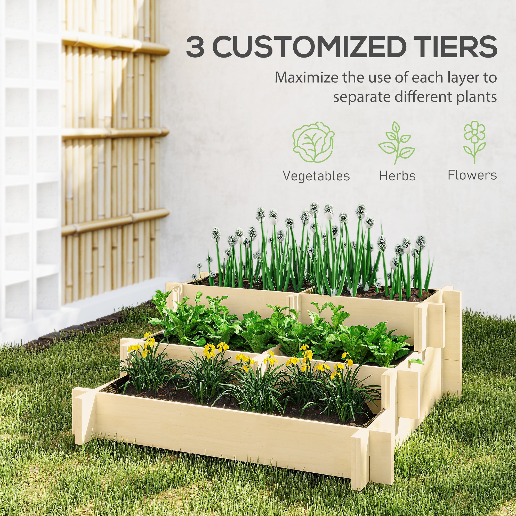 3 Tier Raised Garden Bed, Water Draining Fabric for Soil, Elevated Wood Flower Box for Vegetables, Herbs, Natural