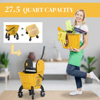 Mop Bucket with Wringer on Wheels for Floor Cleaning, 27.5 Quart Down Press Wringer with Handle and Mop, Yellow