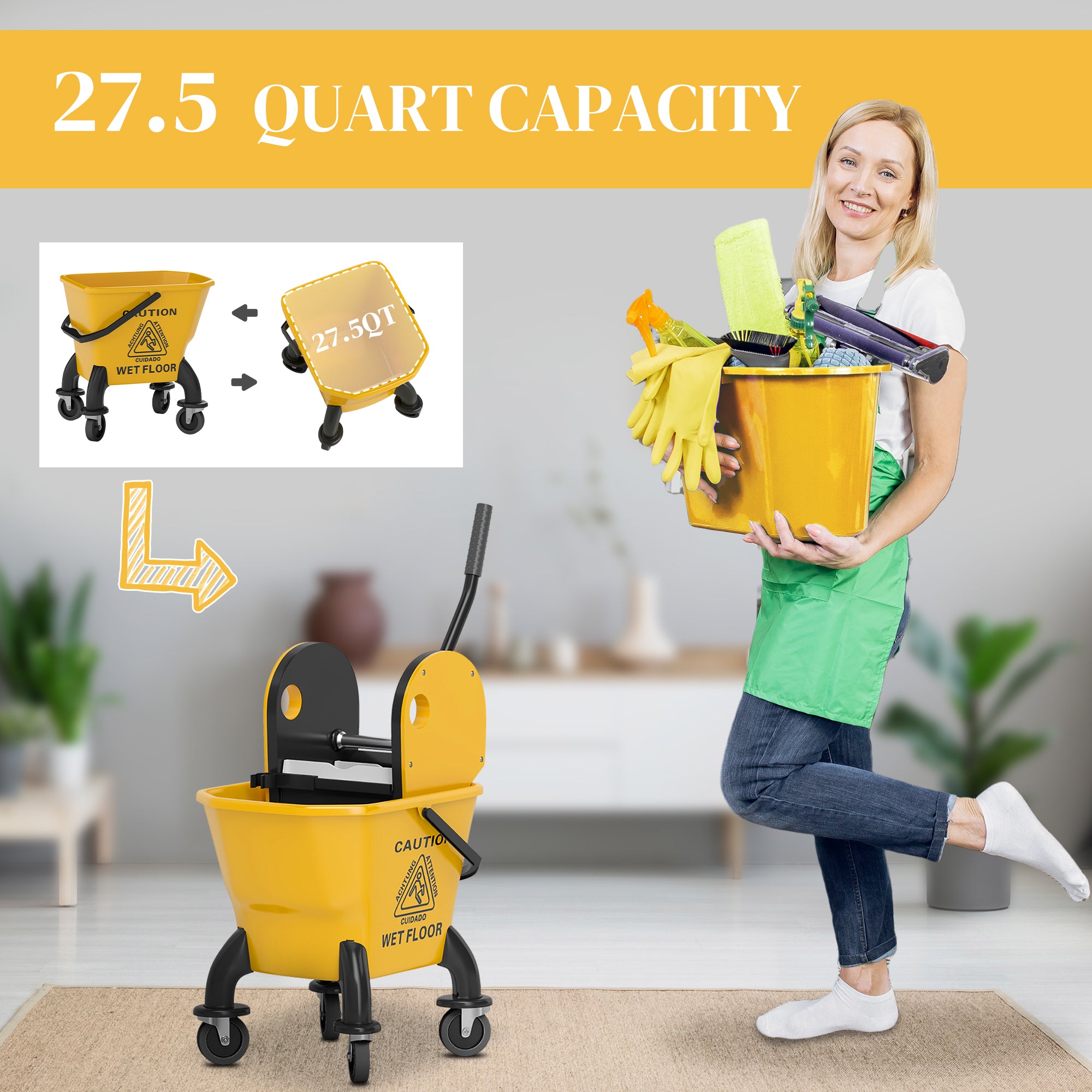 Mop Bucket with Wringer on Wheels for Floor Cleaning, 27.5 Quart Down Press Wringer with Handle and Mop, Yellow