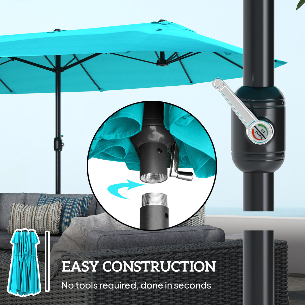 Patio Umbrella, 15' Steel Rectangular Outdoor Double Sided Market Umbrella with Base, Sun Protection & Easy Crank, Blue