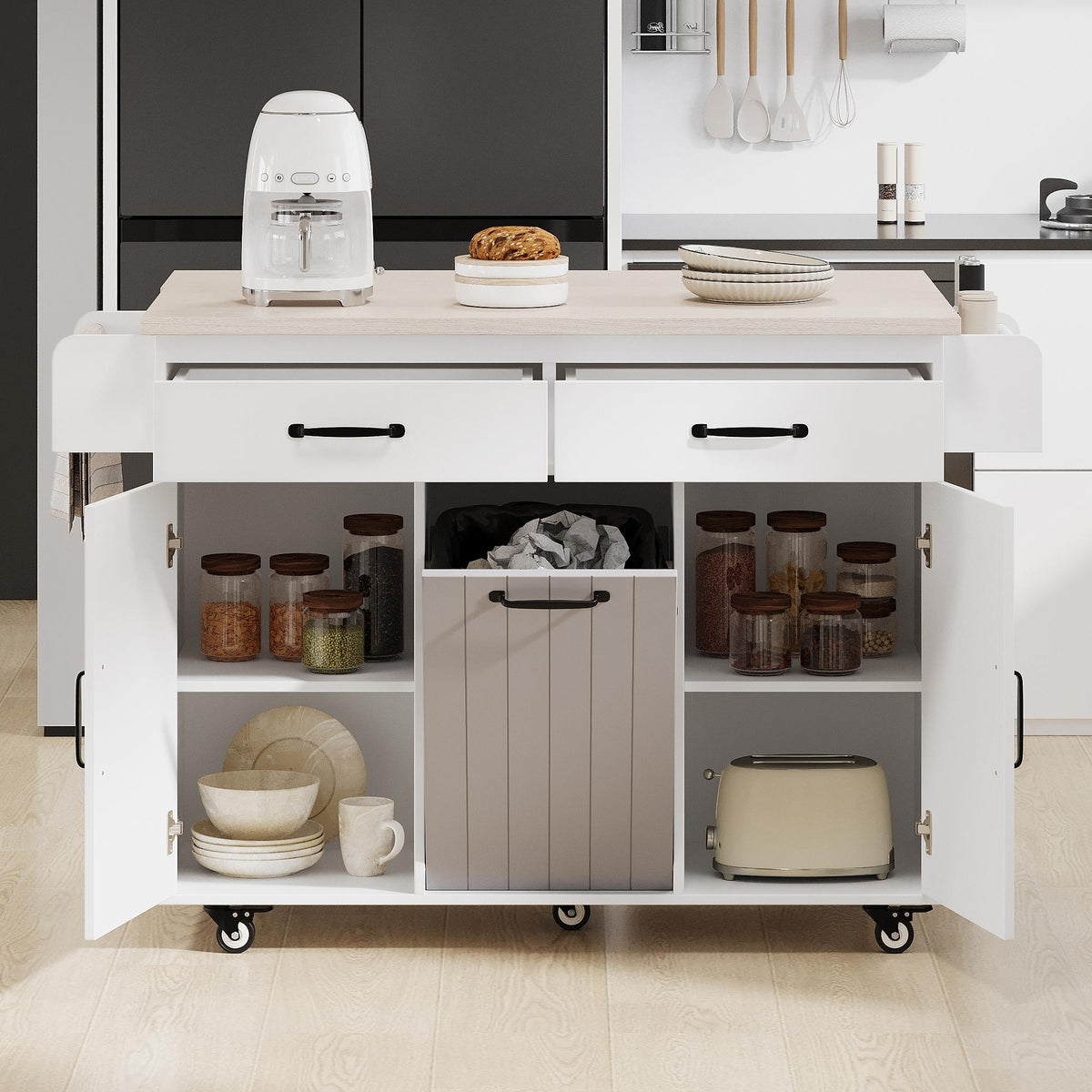 Kitchen Island with Trash Can Storage, Drop Leaf, Spice and Towel Rack, Adjustable Shelf, Utility Cart on Wheels, 51" L x 31.5" W x 35" H, White