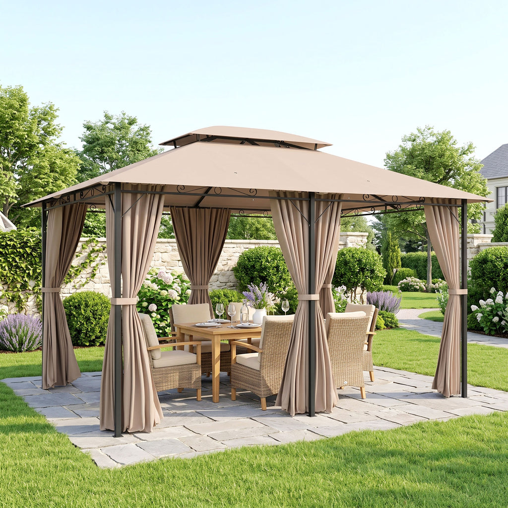 10' x 13' Patio Gazebo, Outdoor Gazebo Canopy Shelter with Curtains, Vented Roof, Steel Frame for Garden, Lawn, Backyard and Deck, Khaki
