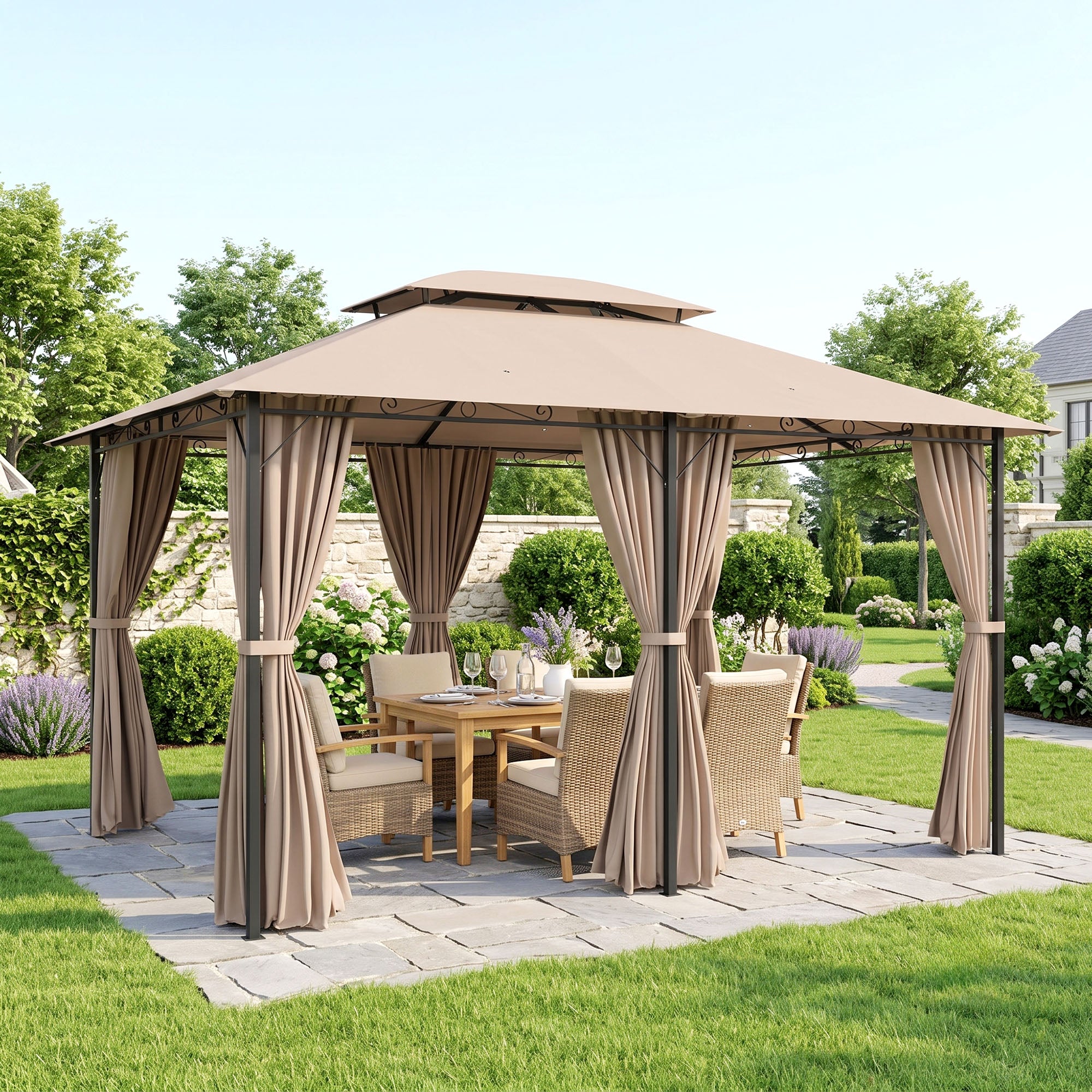 10' x 13' Patio Gazebo, Outdoor Gazebo Canopy Shelter with Curtains, Vented Roof, Steel Frame for Garden, Lawn, Backyard and Deck, Khaki