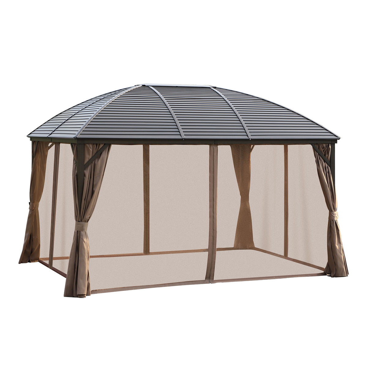 10' x 13' Hardtop Gazebo with Curtains, Netting, Pavilion with Steel Roof Ceiling Hook for Garden Patio, Brown