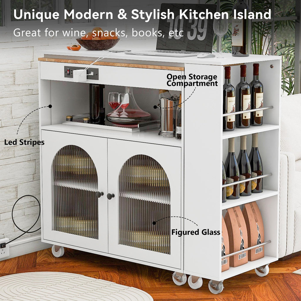 LED Kitchen Island with Extended Table, Power Outlets, Fluted Glass Doors, Utility Cart with Shelves and Cabinet, 56.5" L x 33" W x 38" H, White