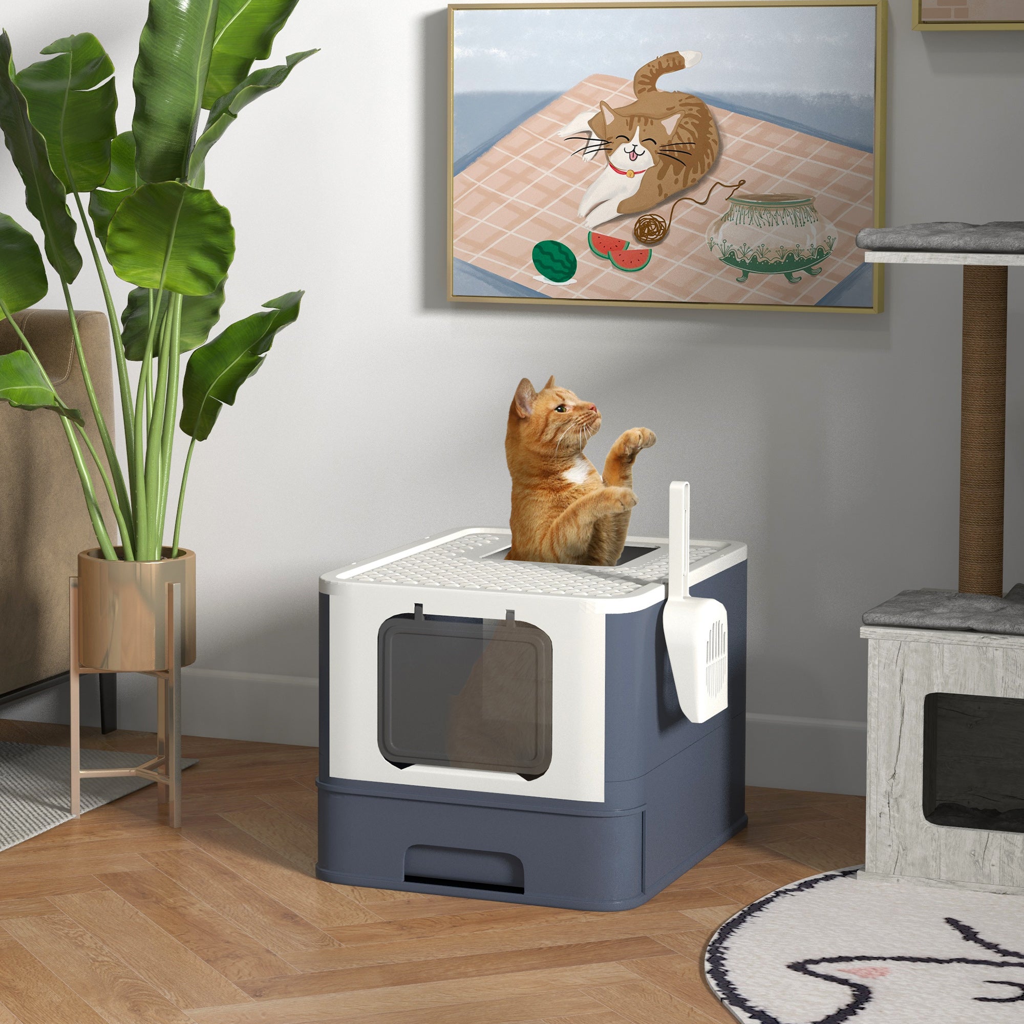 Cat Litter Box with Lid, Scoop, Front Entry, and Top Exit for Large Cats, White