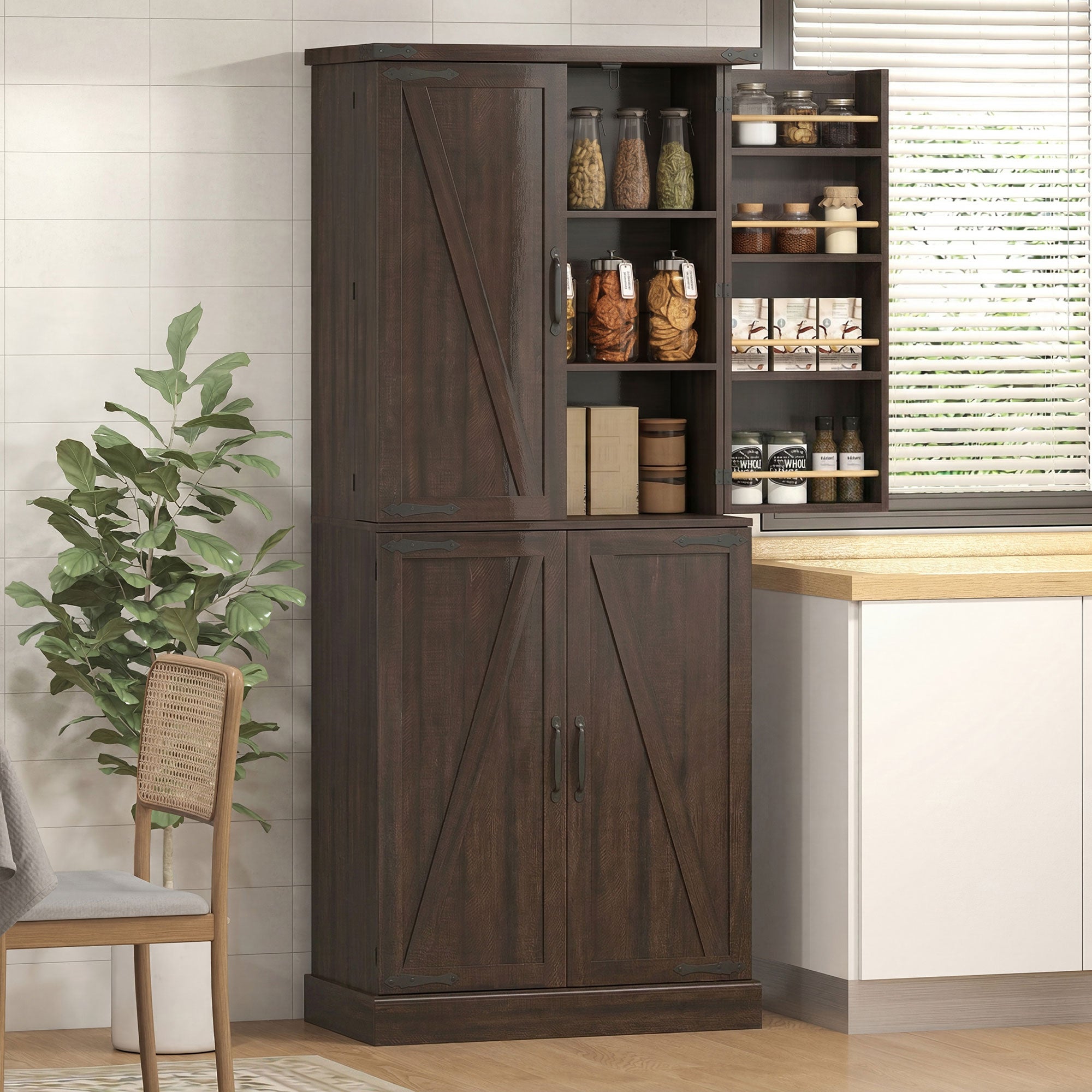 72" Tall Kitchen Pantry Cabinet, Farmhouse Storage Cabinet with 8 Door Racks and Adjustable Shelves, Brown