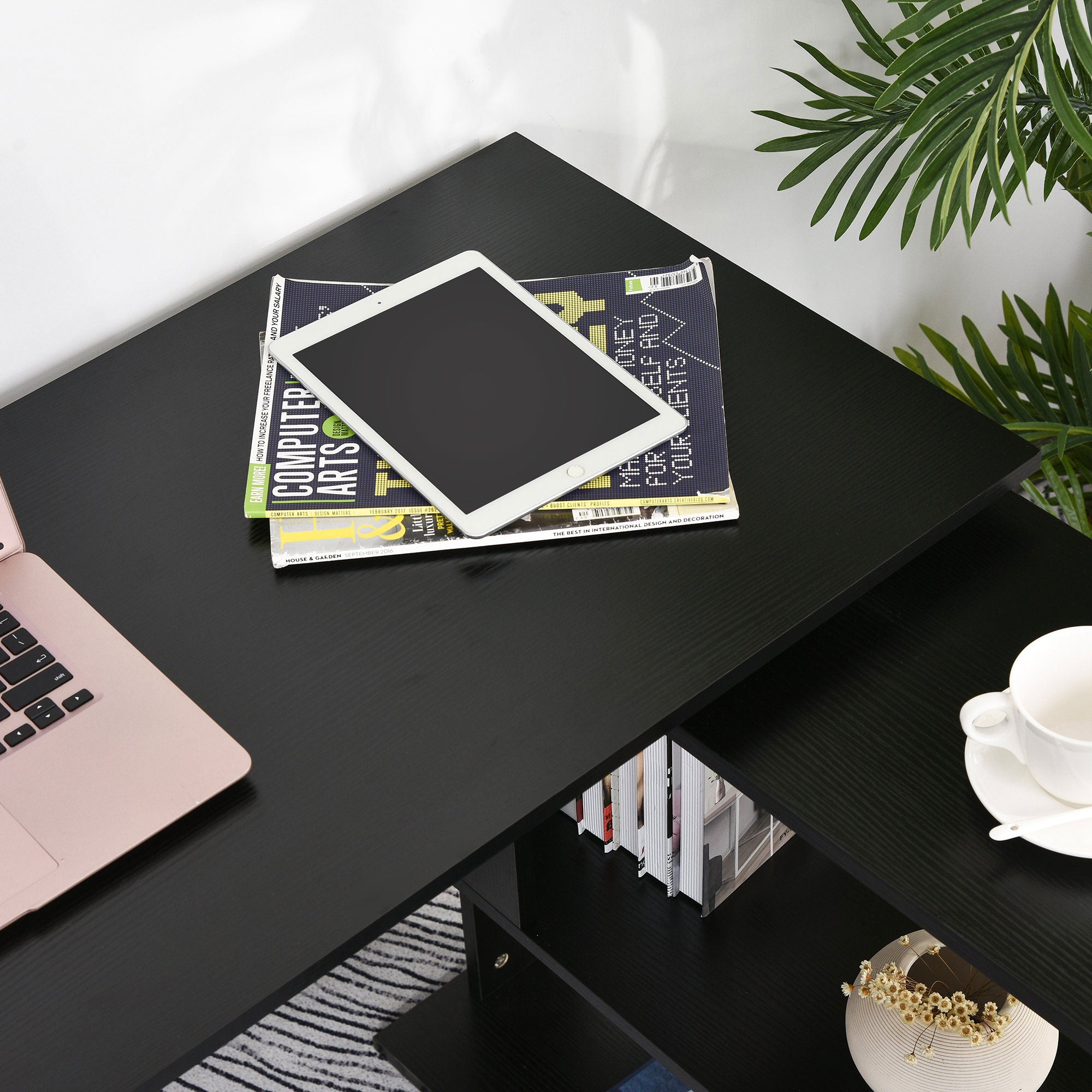 L Shaped Desk, Corner Computer Desk, 360 Degree Rotating Home Office Desk with Storage Shelves, Writing Table Workstation, Black