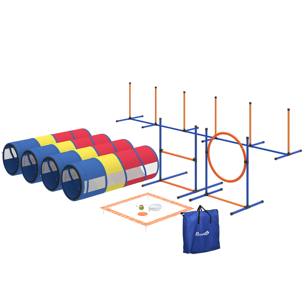 Dog Agility Training Equipment, 12-Piece Dog Obstacle Course with Adjustable Hurdle & Ring, 4 Tunnels, Weave Poles