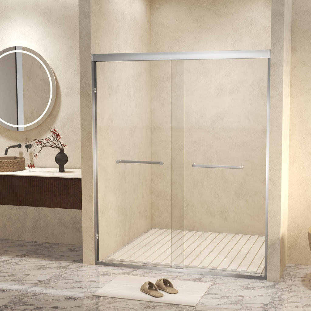 Double Sliding Shower Door with Explosion-Proof Safety Film, Durable Aluminum Panel for Bathroom, 54" L x 0.5" W x 72" H, Brushed Nickel