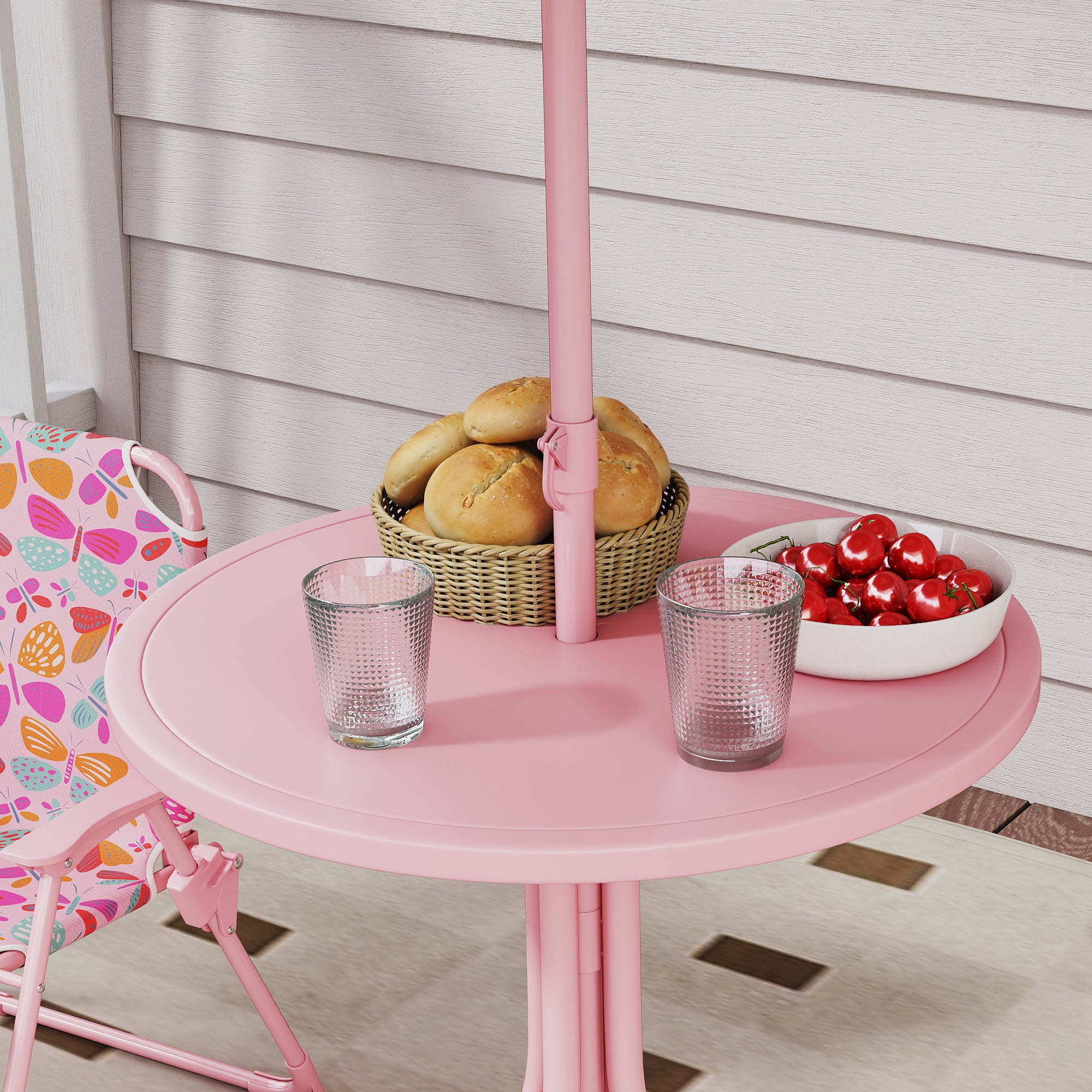 Kids Picnic Table and Chair Set, Outdoor Table with Foldable Chairs, Removable Umbrella, Pink