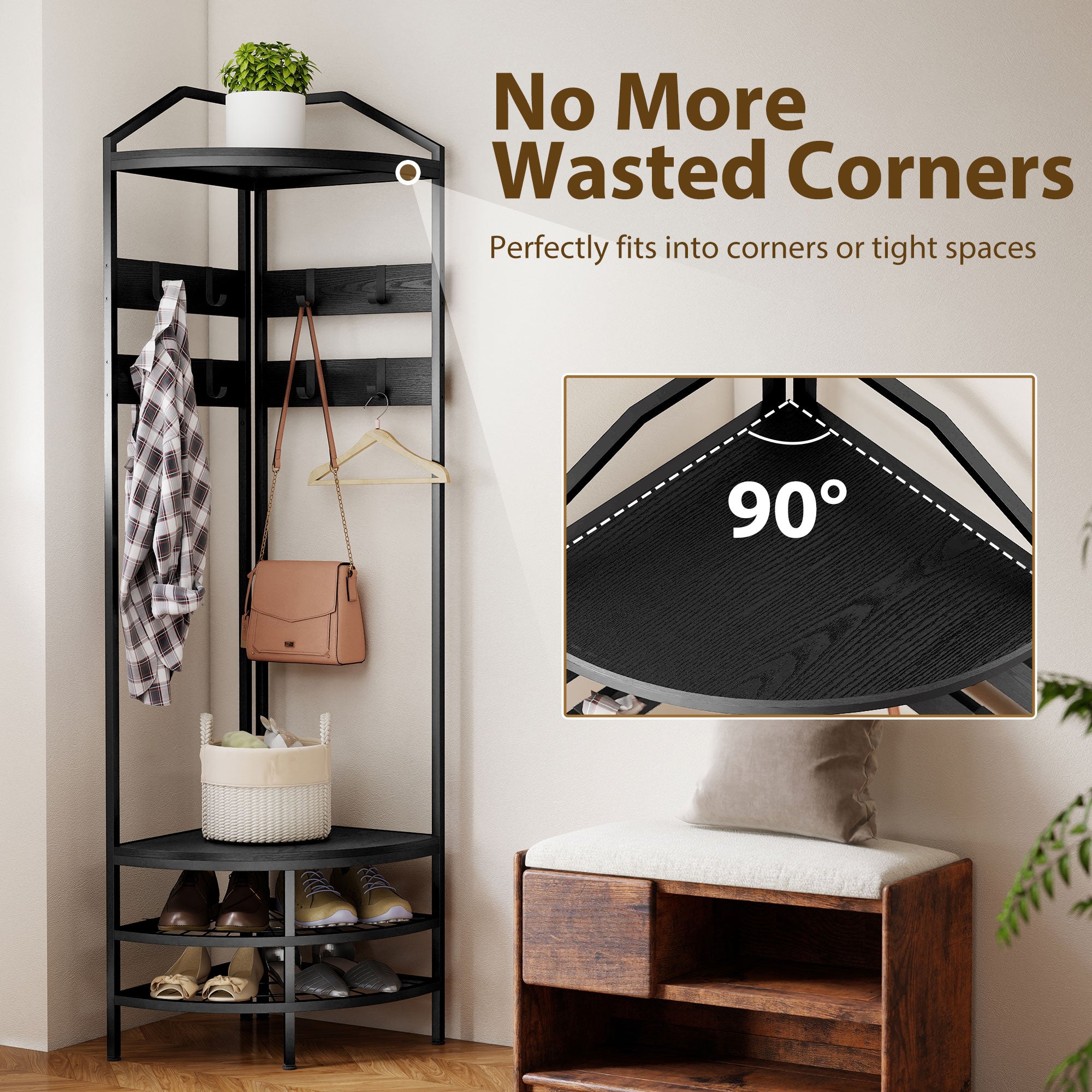 Corner Hall Tree, Industrial 4-Tier Coat Rack with Shoe Storage, 8 Movable Hooks and 2 Shelves for Hallway, Black