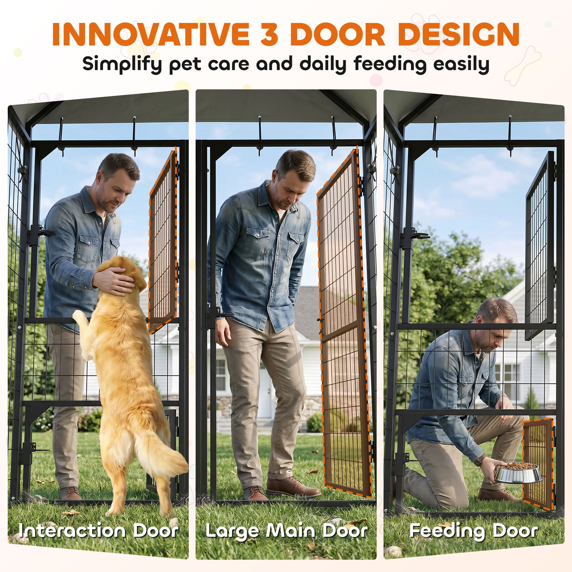 Large Dog Kennel Outdoor with Roof, 3 Doors, Expandable Heavy Duty Dog Kennel Dog Run for All Breed Sizes, 8' x 4' x 6'