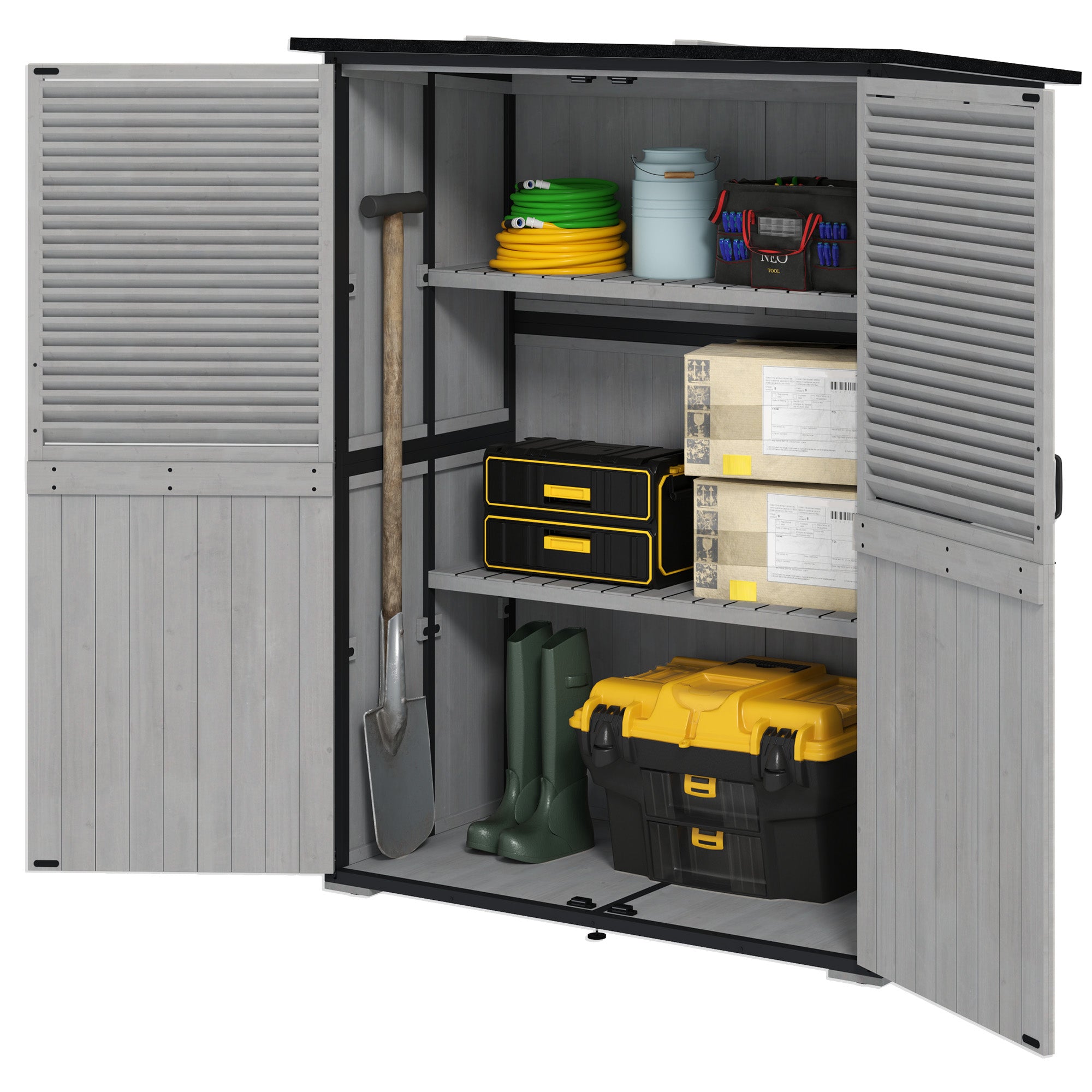 Wood Storage Shed, Outdoor Garden Shed with Asphalt Roof, 2 Shelves, Lockable Doors and Adjustable Feet, Gray