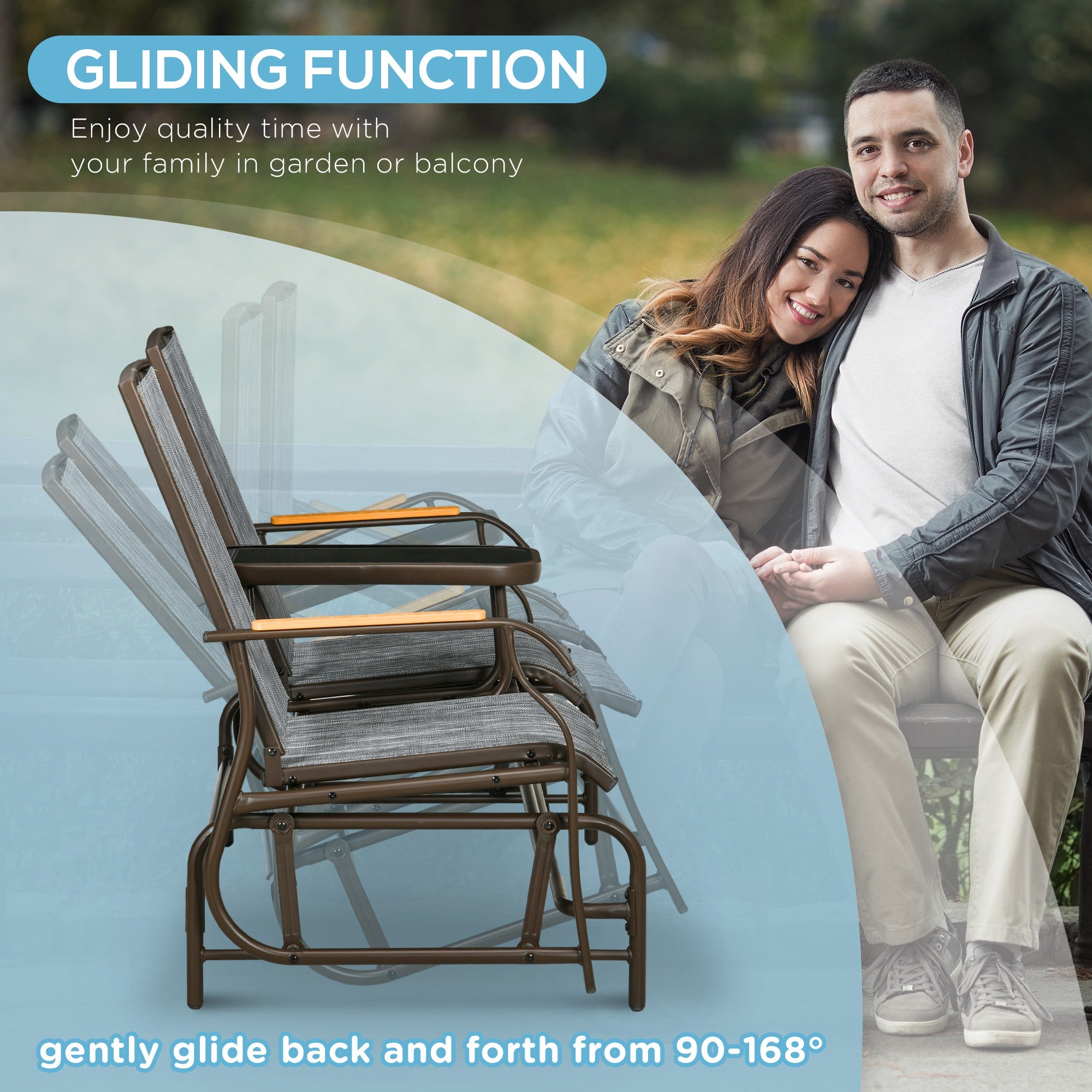 Outdoor 2-Person Glider Bench, Outside Glider Swing Chair Loveseat with Table, Steel Frame, Gray