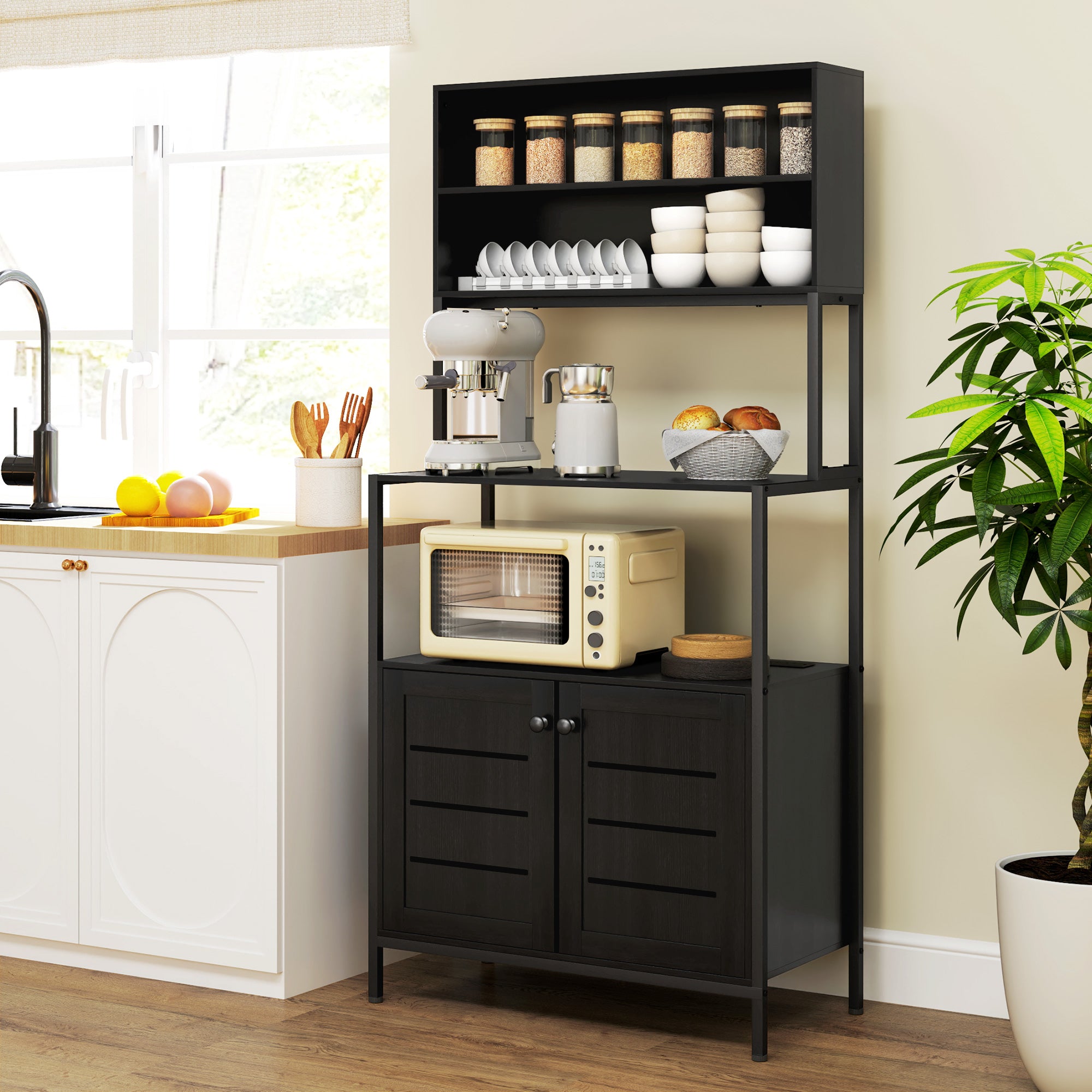Baker's Rack with Power Outlet and Storage Shelves, Microwave Stand with Louvred Door Cabinets, Black