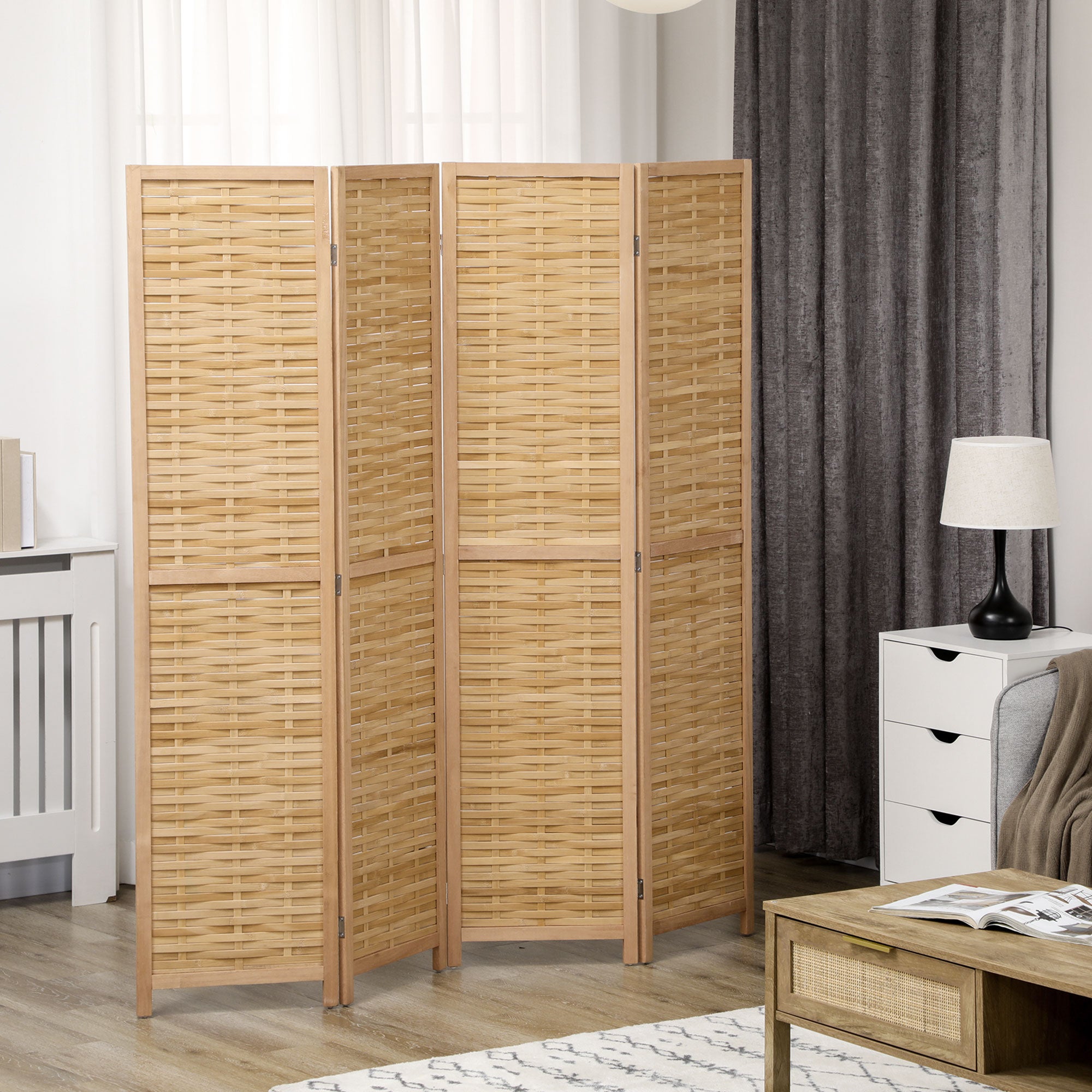Hand Woven Room Divider, 4 Panel Bamboo Folding Privacy Screen for Home Office, 47.25"x67"x0.75", Natural