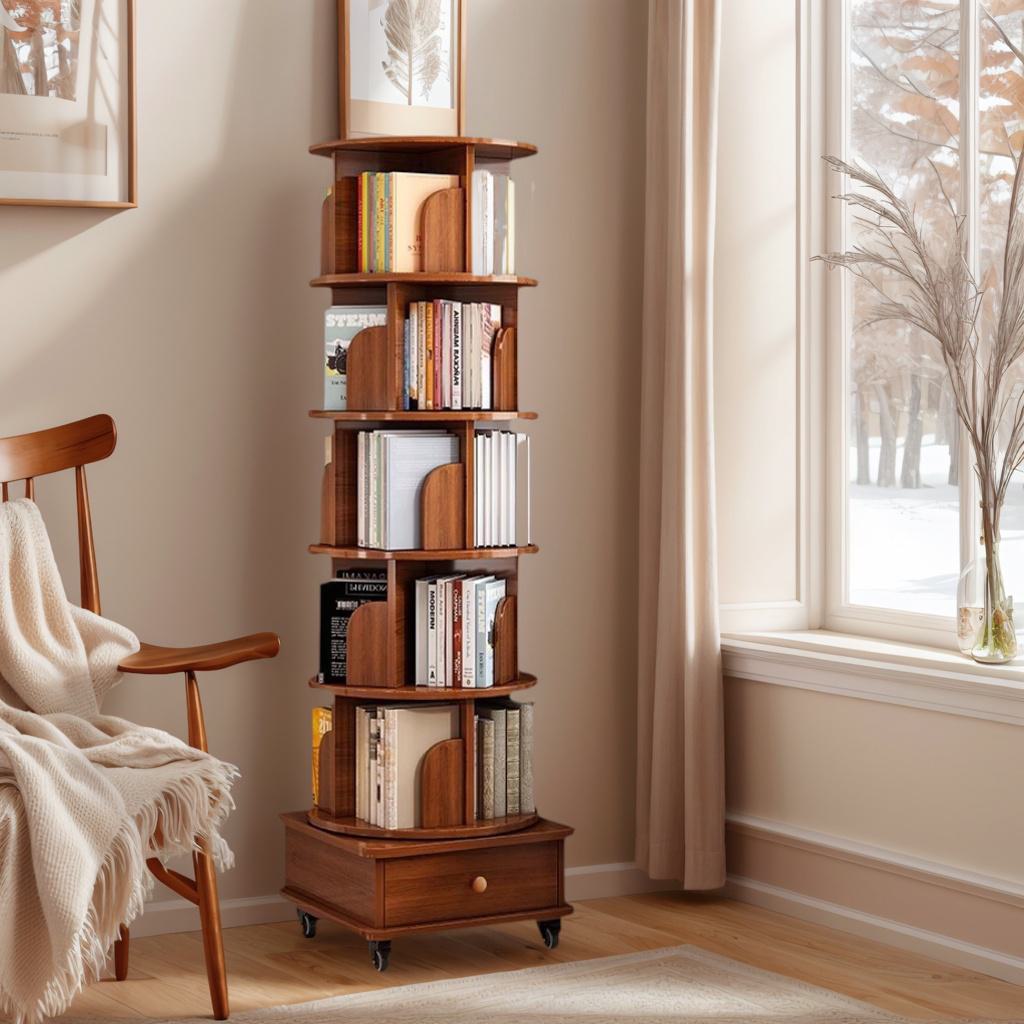 6-Tier Rotating Bookshelf with Wheels, 360° Display Corner Bookcase, Wood Organizer for Study Room, 18″ L x 18″ W x 69″ H, Walnut Brown
