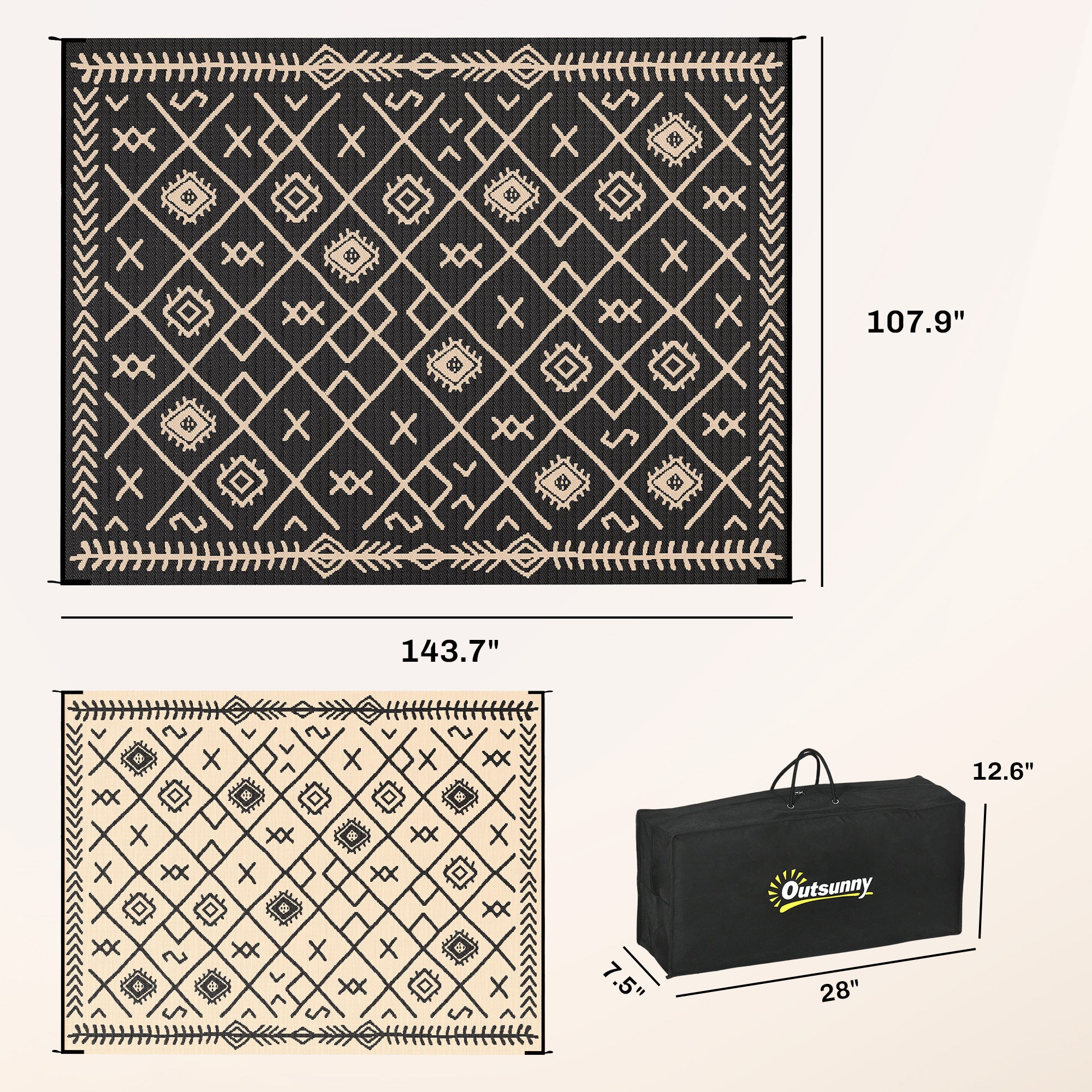 Reversible Outdoor Rug, Waterproof Plastic Straw with Carry Bag, 9' x 12', Black & Beige Rhombus