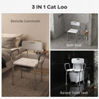 3-in-1 Shower Chair with Back and Arms, Height Adjustable Bedside Commode, Raised Toilet Seat with Non-Slip Rubber Foot Pad for Seniors, Disabled, White
