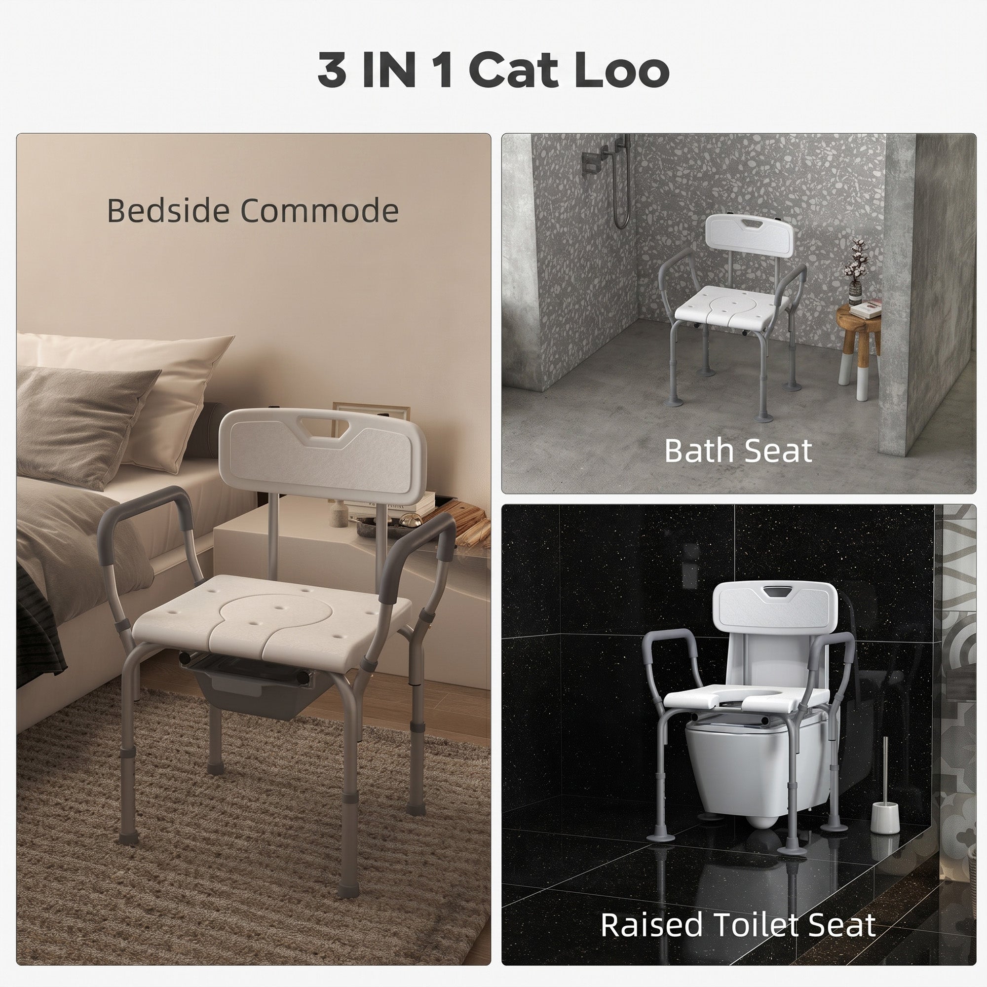 3-in-1 Shower Chair with Back and Arms, Height Adjustable Bedside Commode, Raised Toilet Seat with Non-Slip Rubber Foot Pad for Seniors, Disabled, White