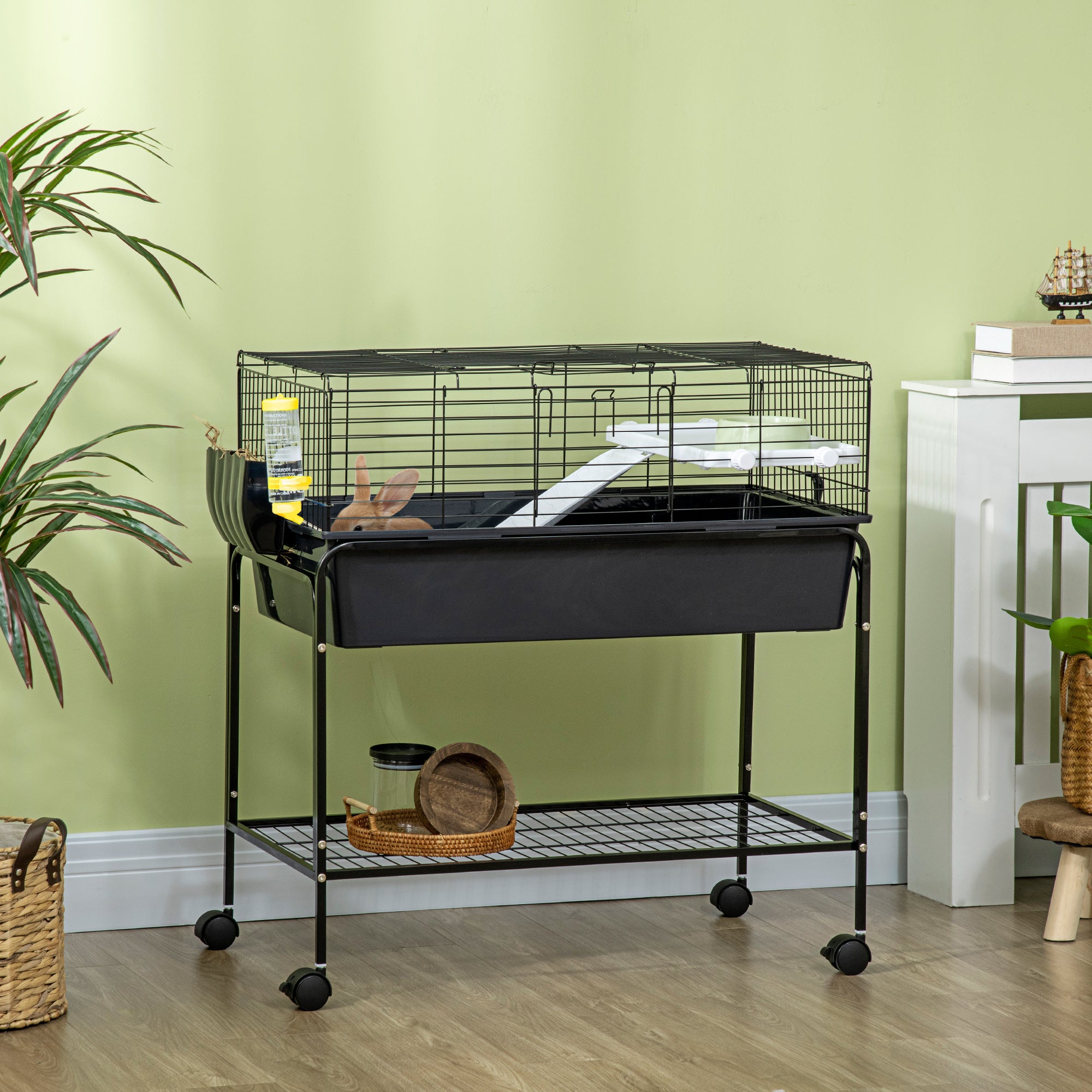 Two-Story Small Animal Cage Removable from Stand, Pet Habitat with Shelf & Wheels, 33" x 18.5" x 35", Charcoal Gray