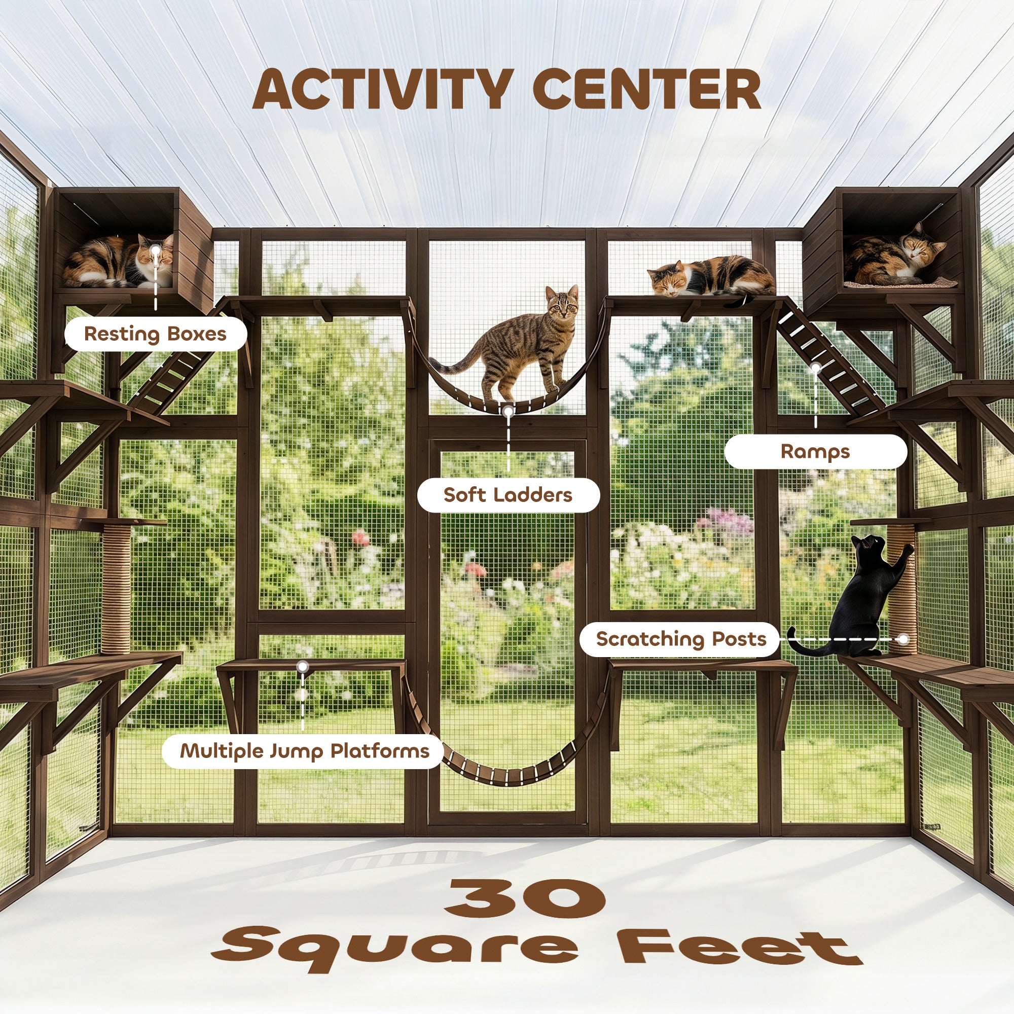 Catio Playground Cat Window Box Outside Enclosure for Multiple Cats w/ Shelves & Bridges, Coffee Brown