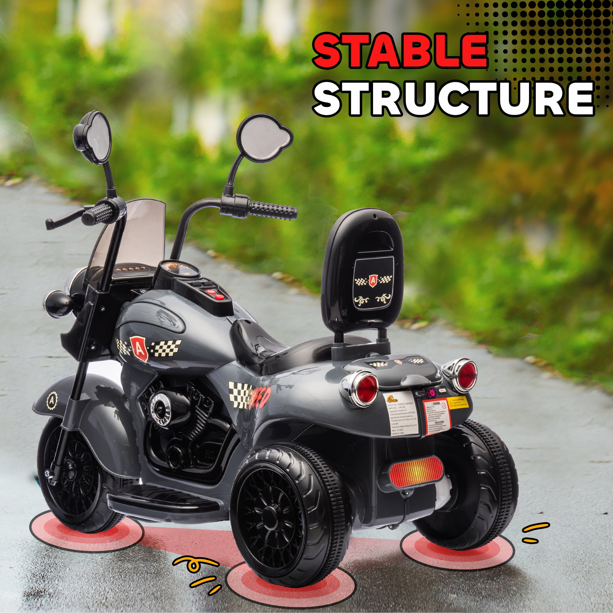 6V 3 Wheel Electric Motorcycle for Kids, Battery Powered Motorbike w/ Headlights, Music, Forward & Reverse, Gray