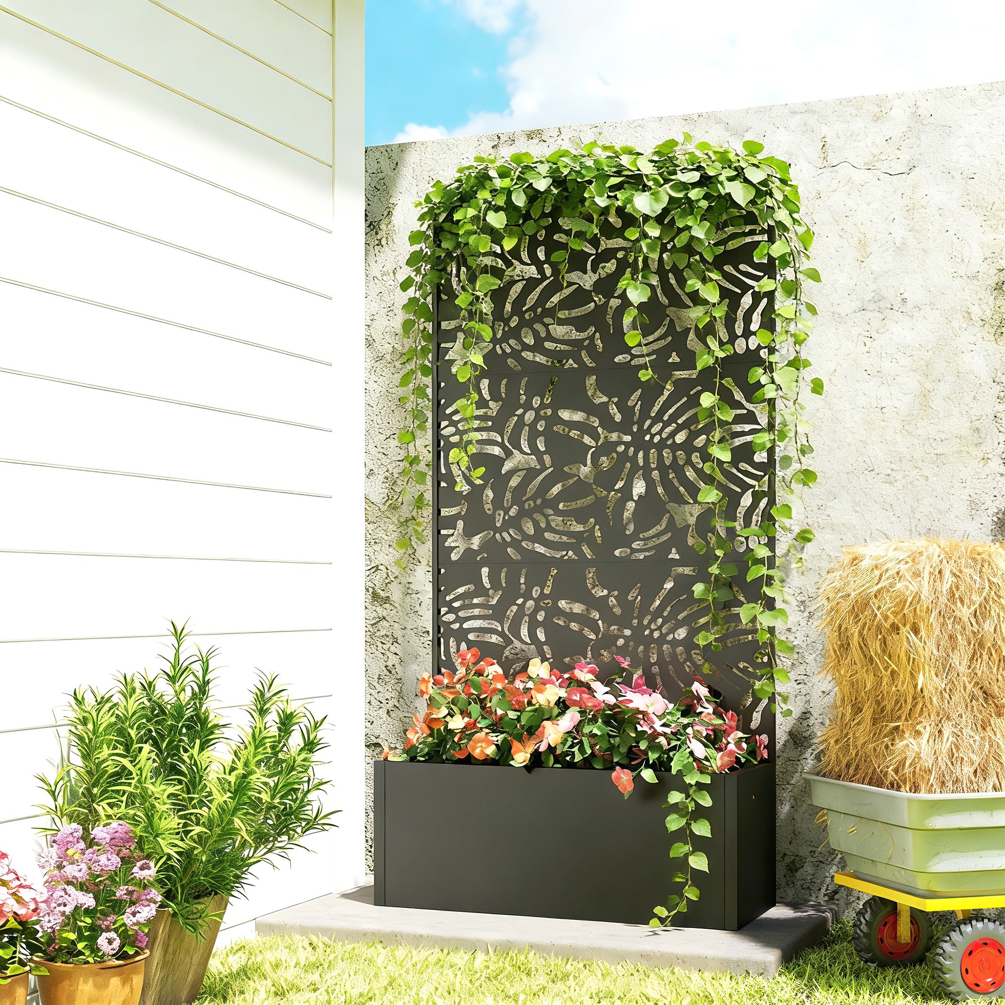 Metal Planter Box with Trellis, 71" Tall Raised Garden Bed with Privacy Screen and Drainage Holes, Banana-Leaf Cut-Outs