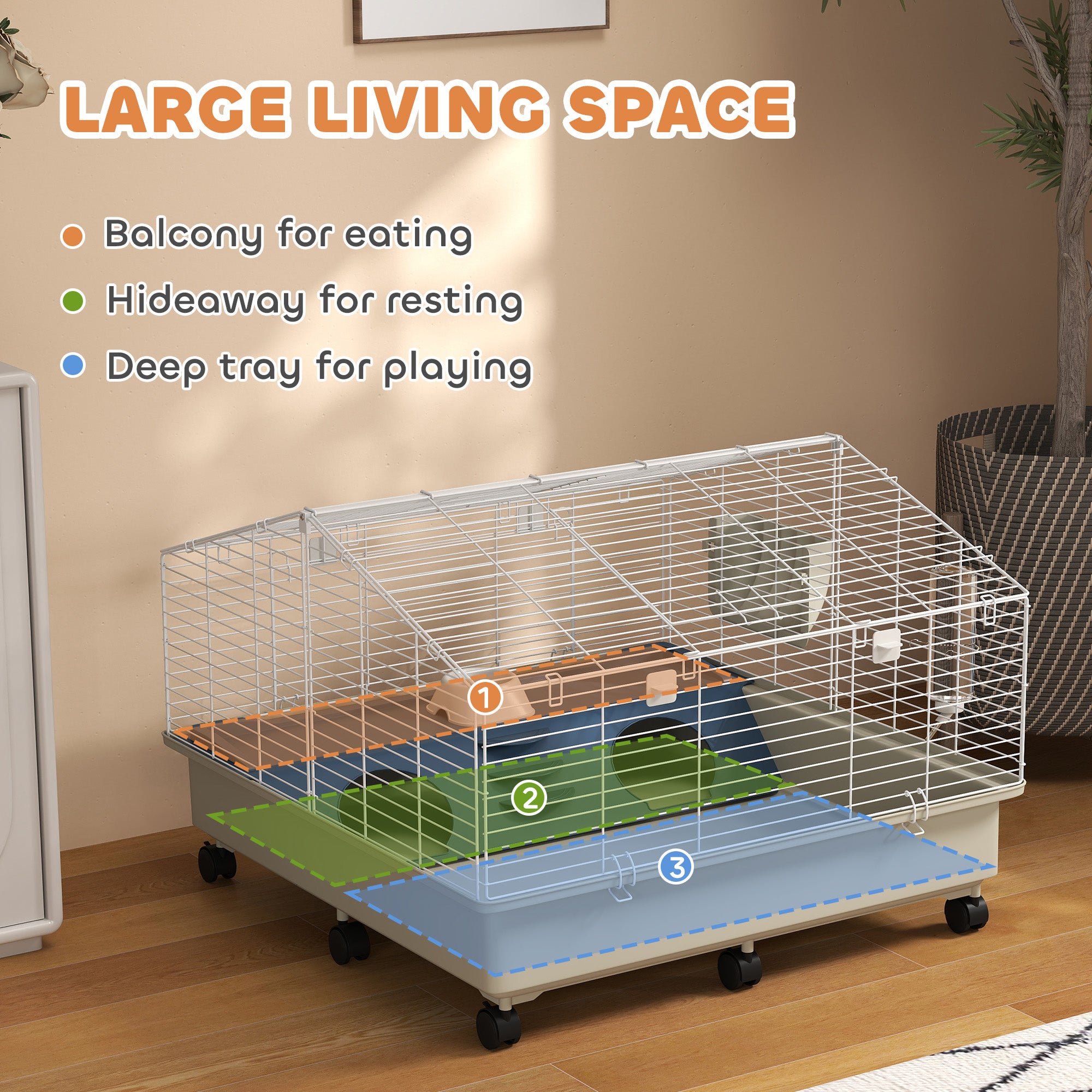 Rolling Small Animal Cage with Water Bottle, Hay Feeder, Food Dish for Rabbits, Hedgehogs, Guinea Pigs, 35" x 35" x 25"