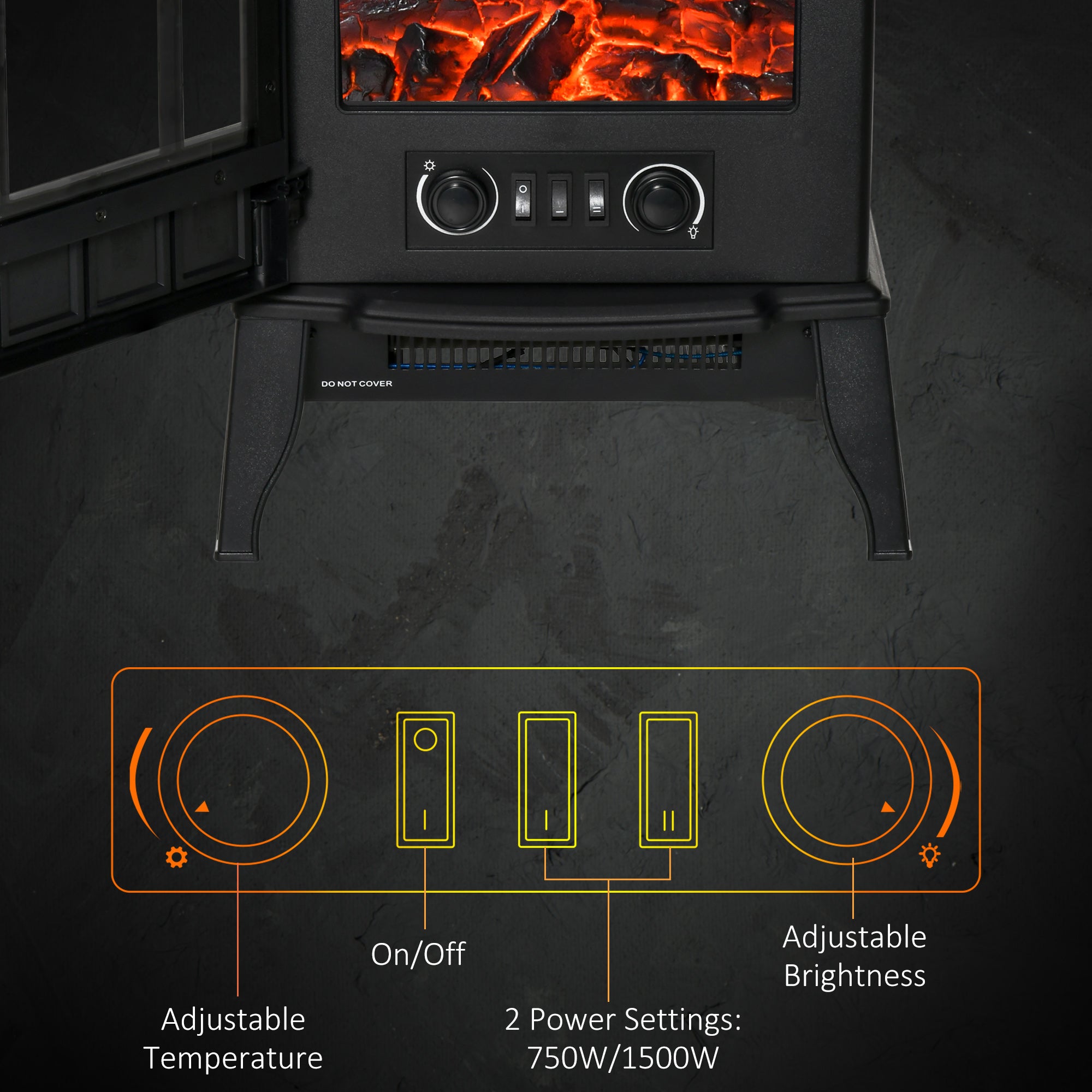Electric Fireplace Stove, Freestanding Fireplace Heater, 750W/1500W, Black
