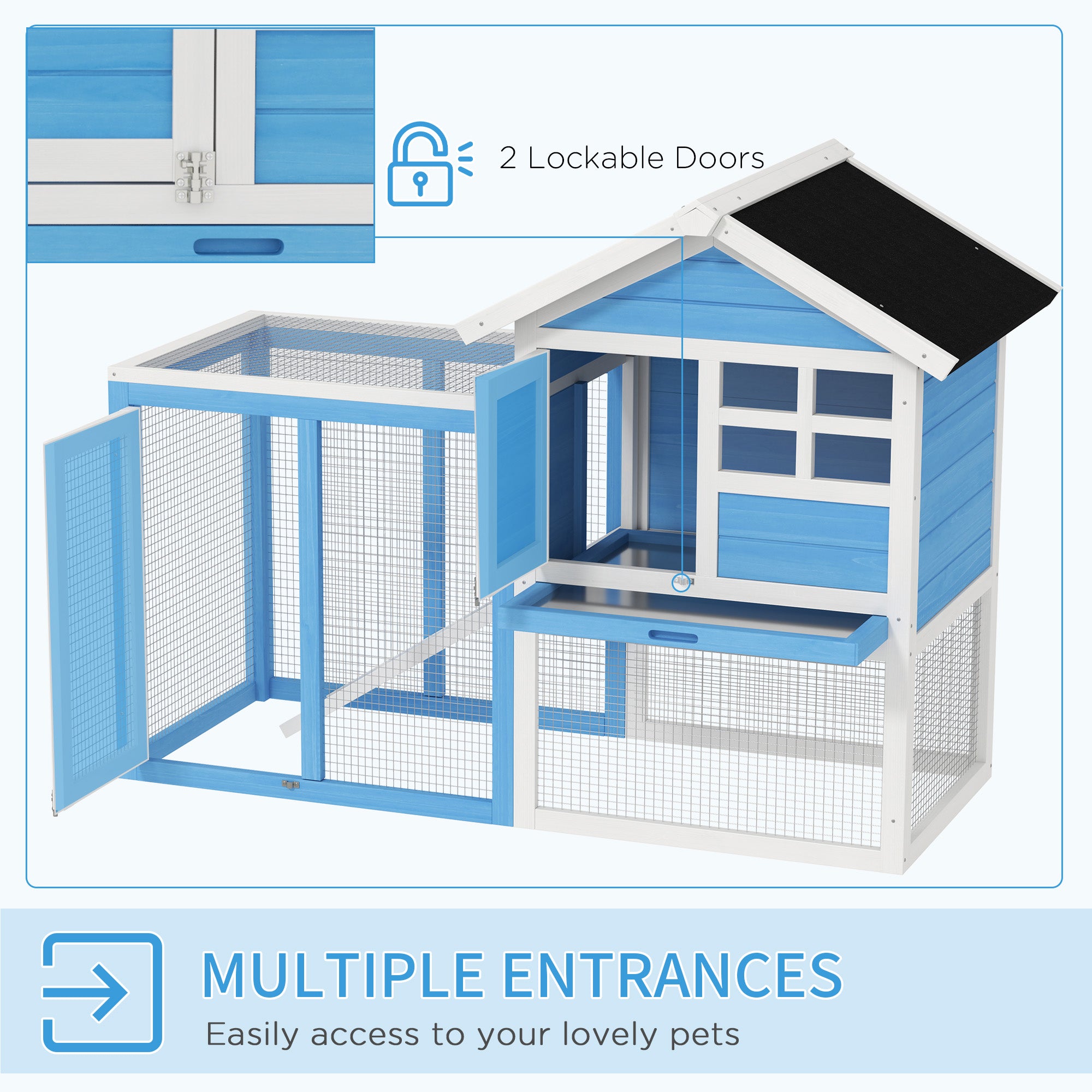 49" Wooden Rabbit Hutch Bunny Cage with Waterproof Asphalt Roof, Fun Outdoor Run, Removable Tray and Ramp, for Rabbits, Chickens, Ducks, Light Blue