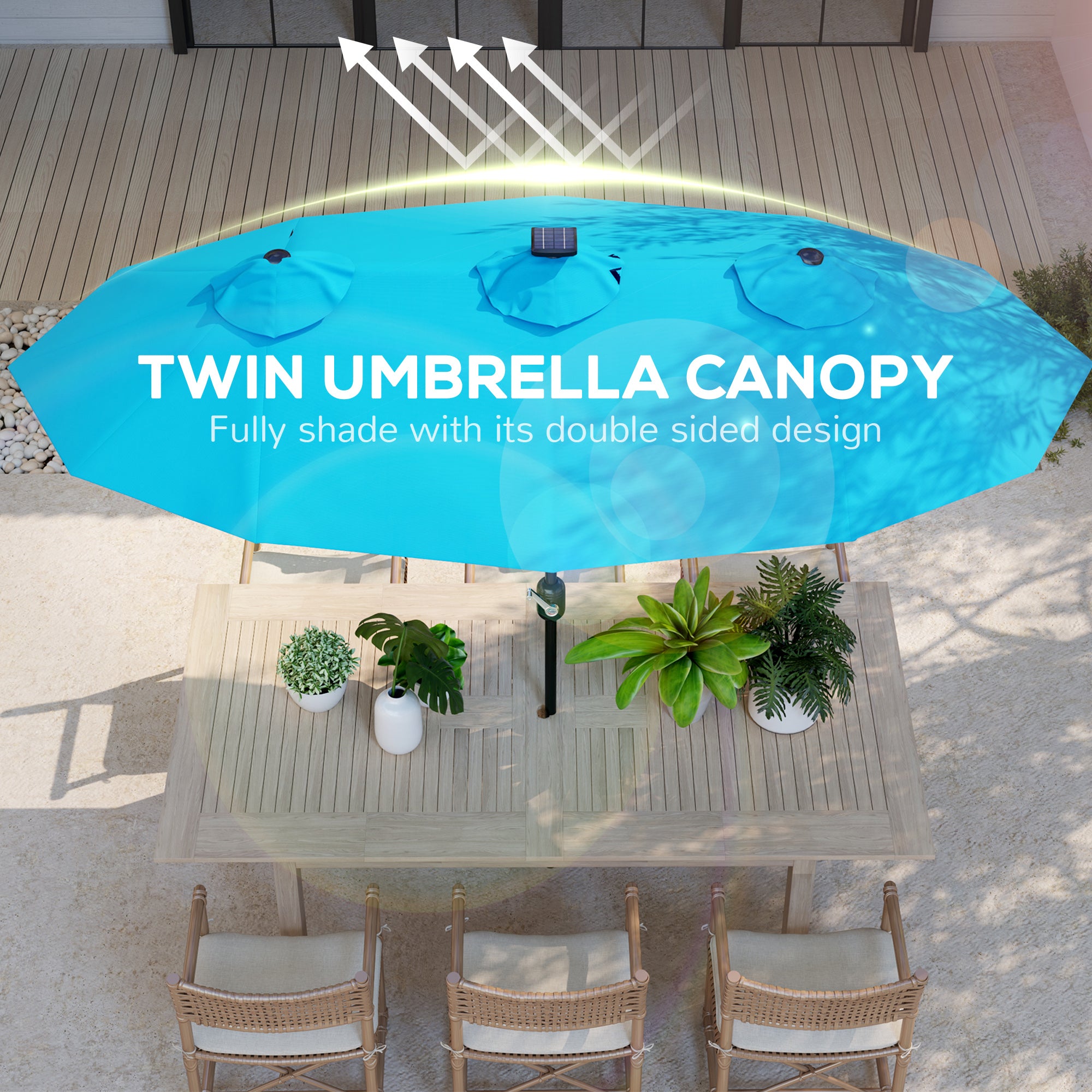 Double-sided Patio Umbrella, 9.7' Outdoor Umbrella with Tilt and Crank, LED Solar Light and 12 Ribs, Light Blue