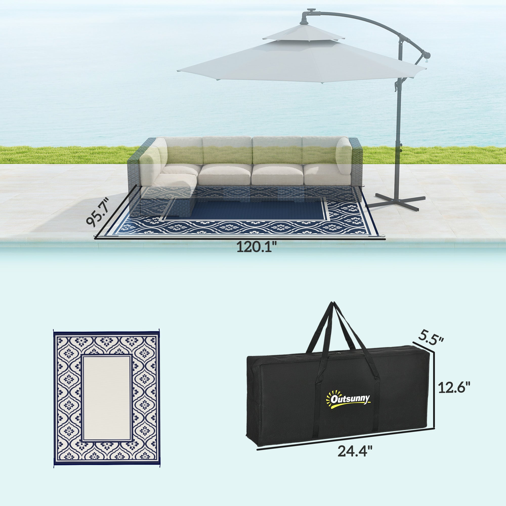 Reversible Outdoor Rug, Waterproof Plastic Straw with Carry Bag, 8' x 10', Blue & White Gourd Border