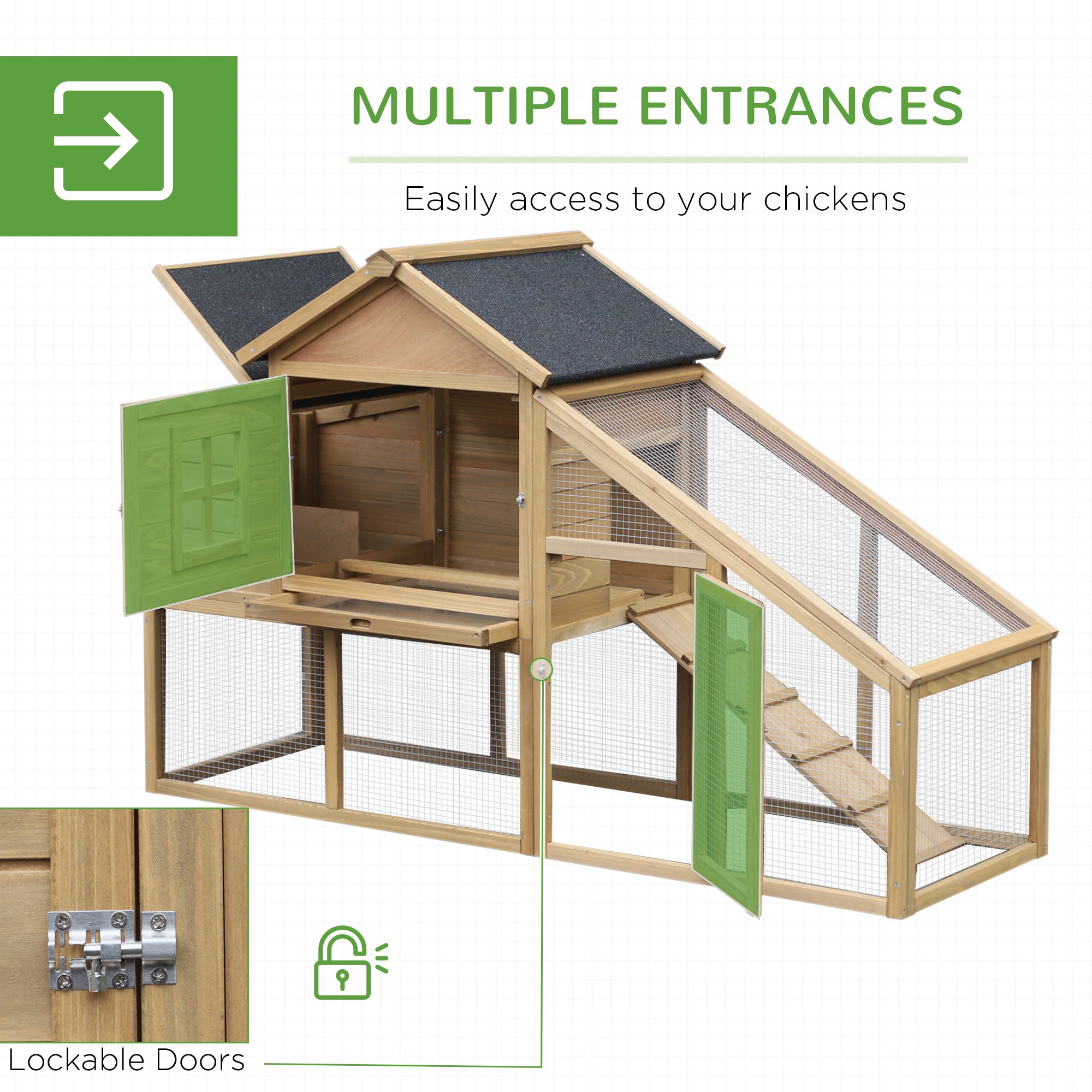 69" Wooden Chicken Coop, Poultry Cage Hen House with Connecting Ramp, Tray, Ventilated Window and Nesting Box