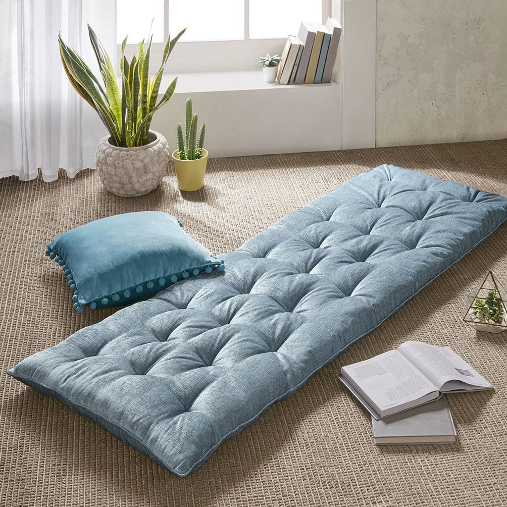 Poly Chenille Floor Pillow Cushion with Tufted Detailing, Self Travel Wrap, Lightweight Long Lounger for Relaxing, 74" L x 27" W x 3" H, Aqua