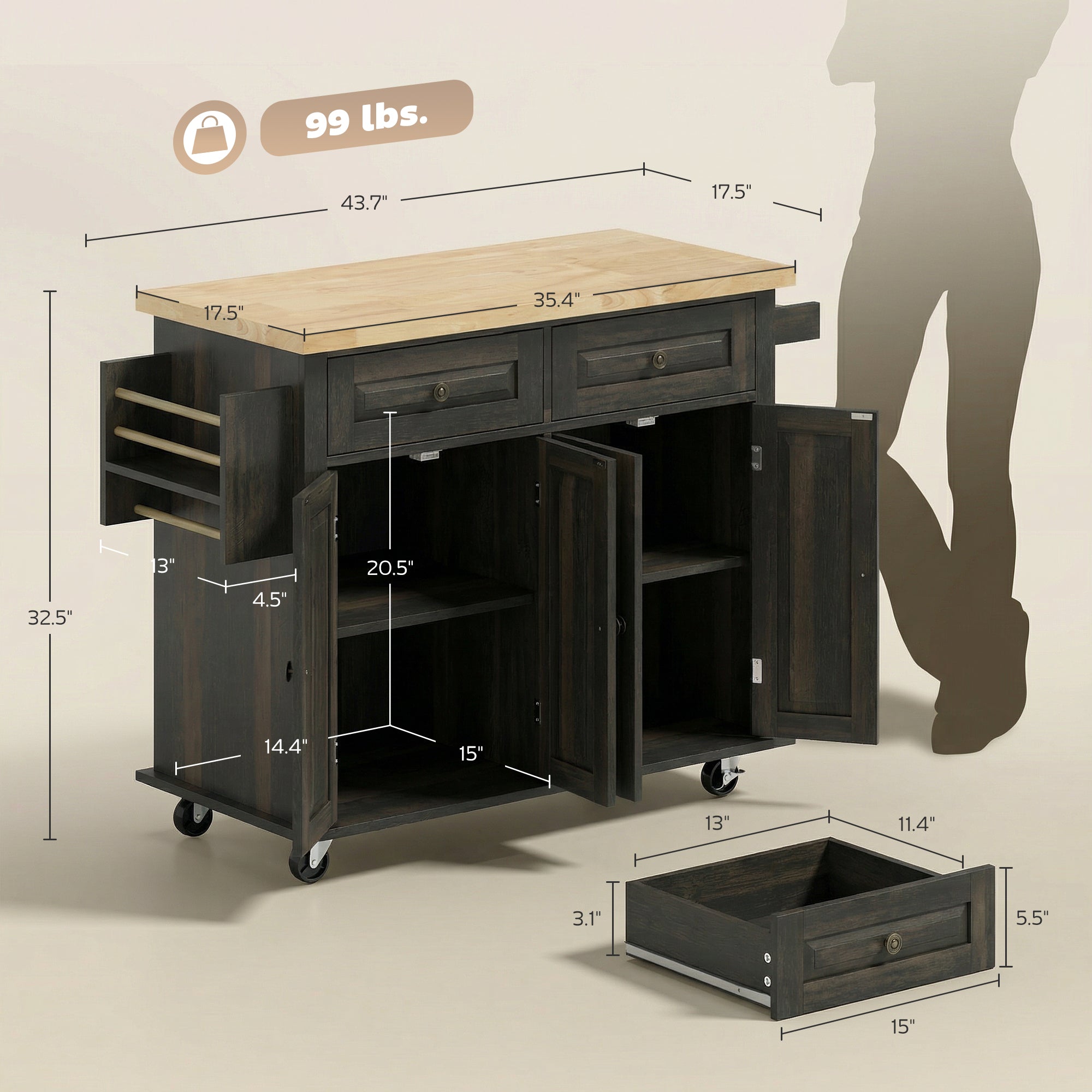 44" Mobile Kitchen Island Table, Kitchen Island Cart on Wheels with Storage Cabinets, 2 Drawers, Brown