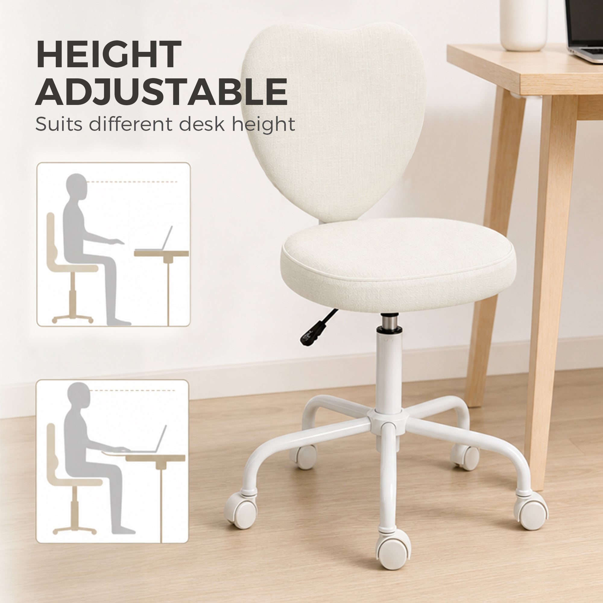 Heart Love Shaped Back Design Vanity Chair, Office Chair with Adjustable Height and 360 Swivel Castor Wheels, White