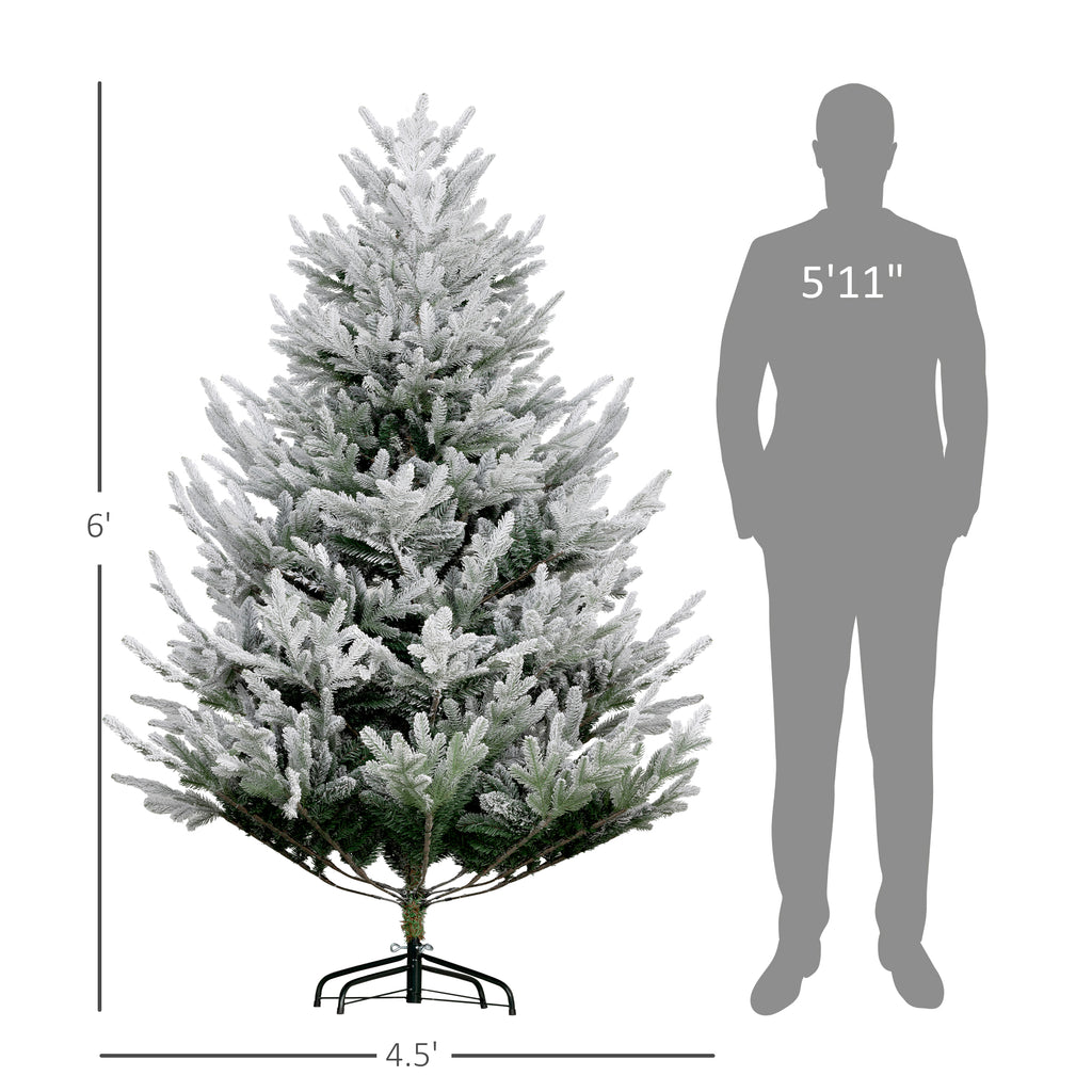 6 FT Artificial Christmas Tree, Flocked Hinged Xmas Tree with 795 Tips, Steel Base, Auto Open, Green