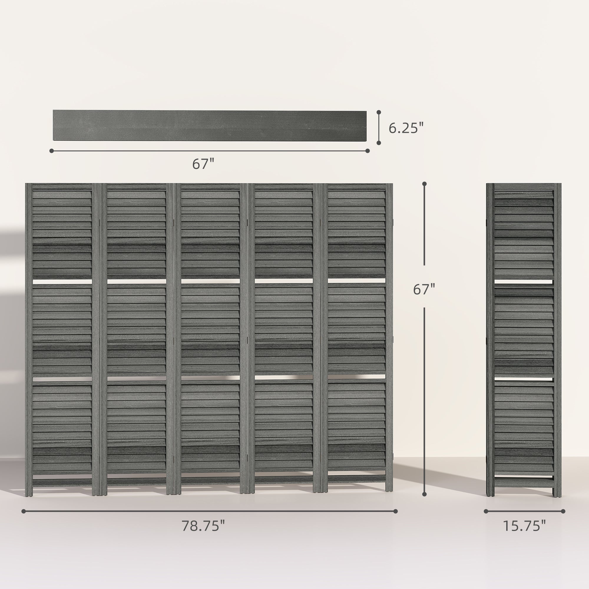 5 Panel 67" Tall Wood Privacy Screen Room Divider with 3 Shelves and Folding Storage for Bedroom, Gray