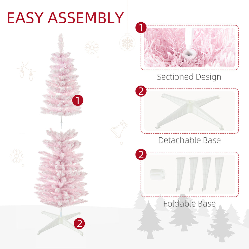 5' Decorated Christmas Tree Snow Flocked Artificial Christmas Tree with Pencil Shape, Realistic Branches, Pink