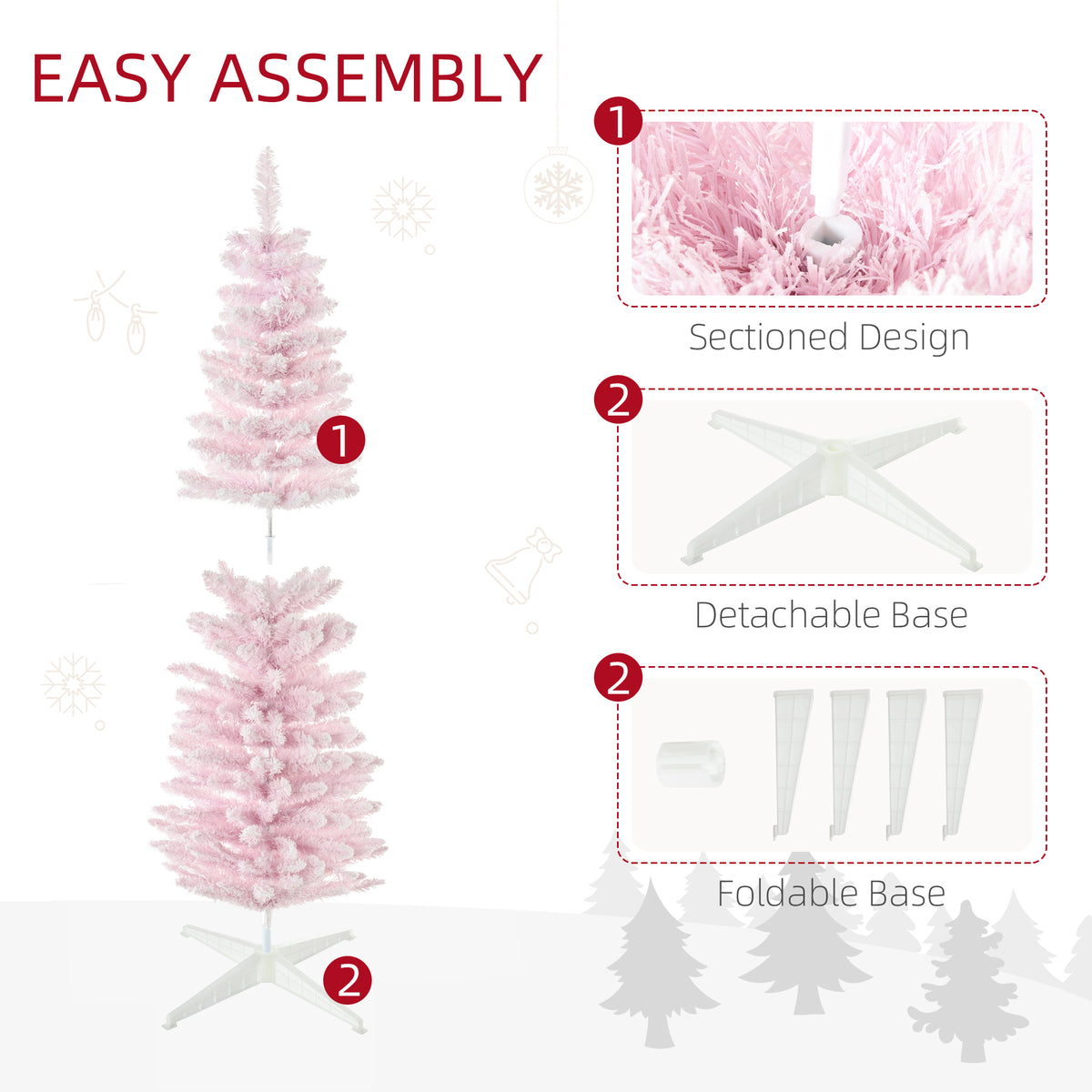5' Decorated Christmas Tree Snow Flocked Artificial Christmas Tree with Pencil Shape, Realistic Branches, Pink